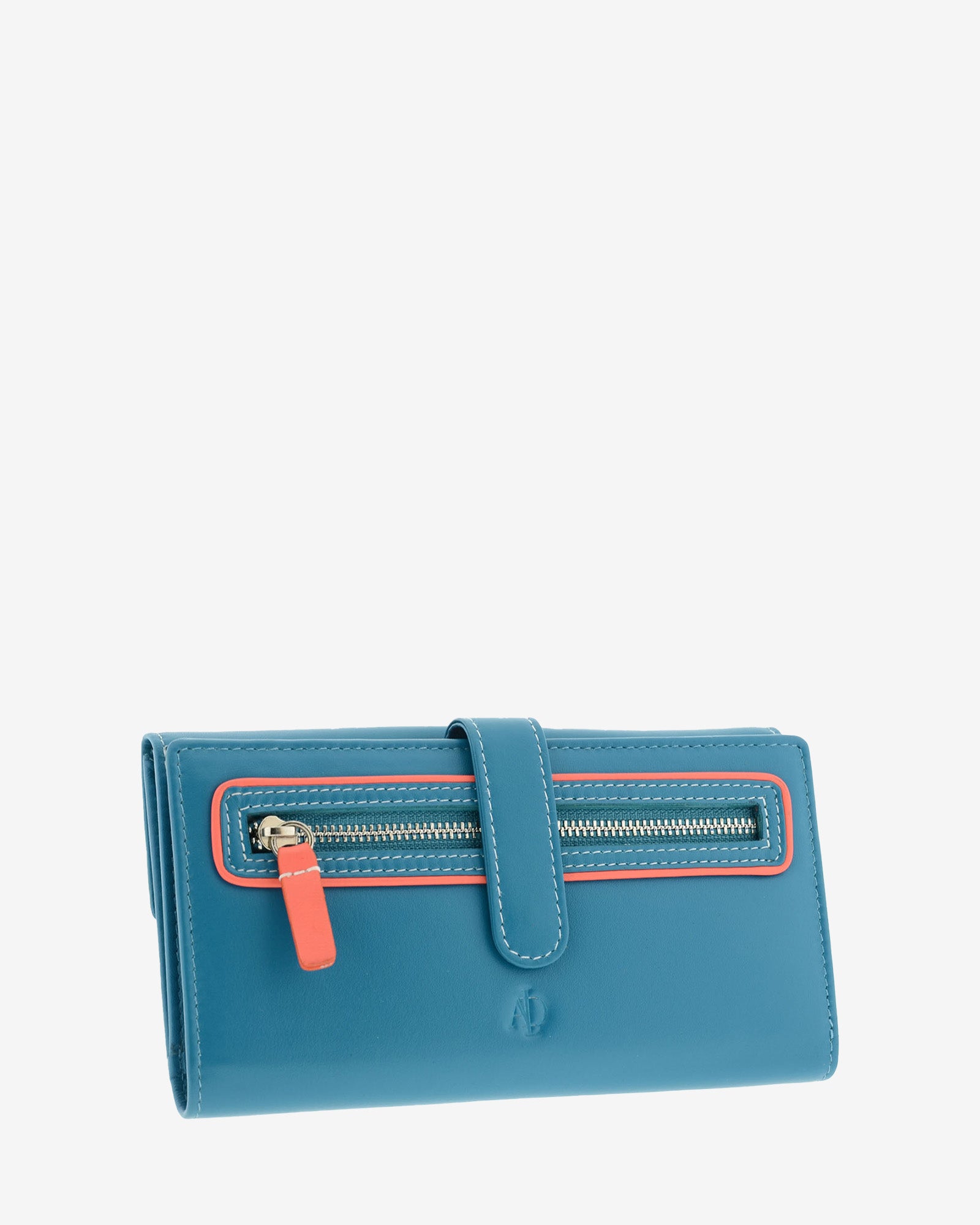 Cartera grande de piel azul con RFID, bolsillo exterior con cremallera, cierre central y ribetes coral, referencia 4200-14