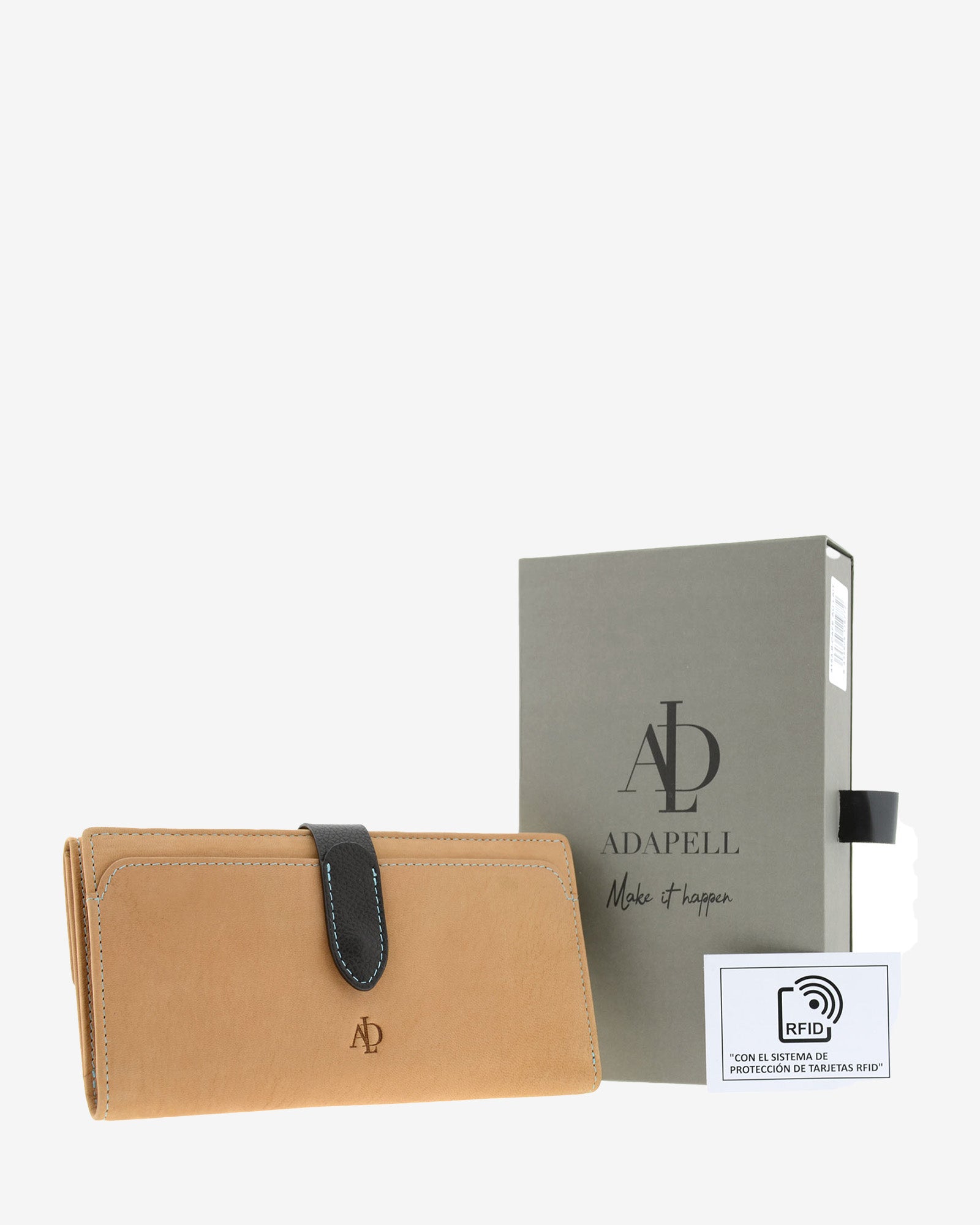Cartera grande de piel color cuero con RFID presentada junto a caja Adapell y tarjeta de protección RFID, 4196-6