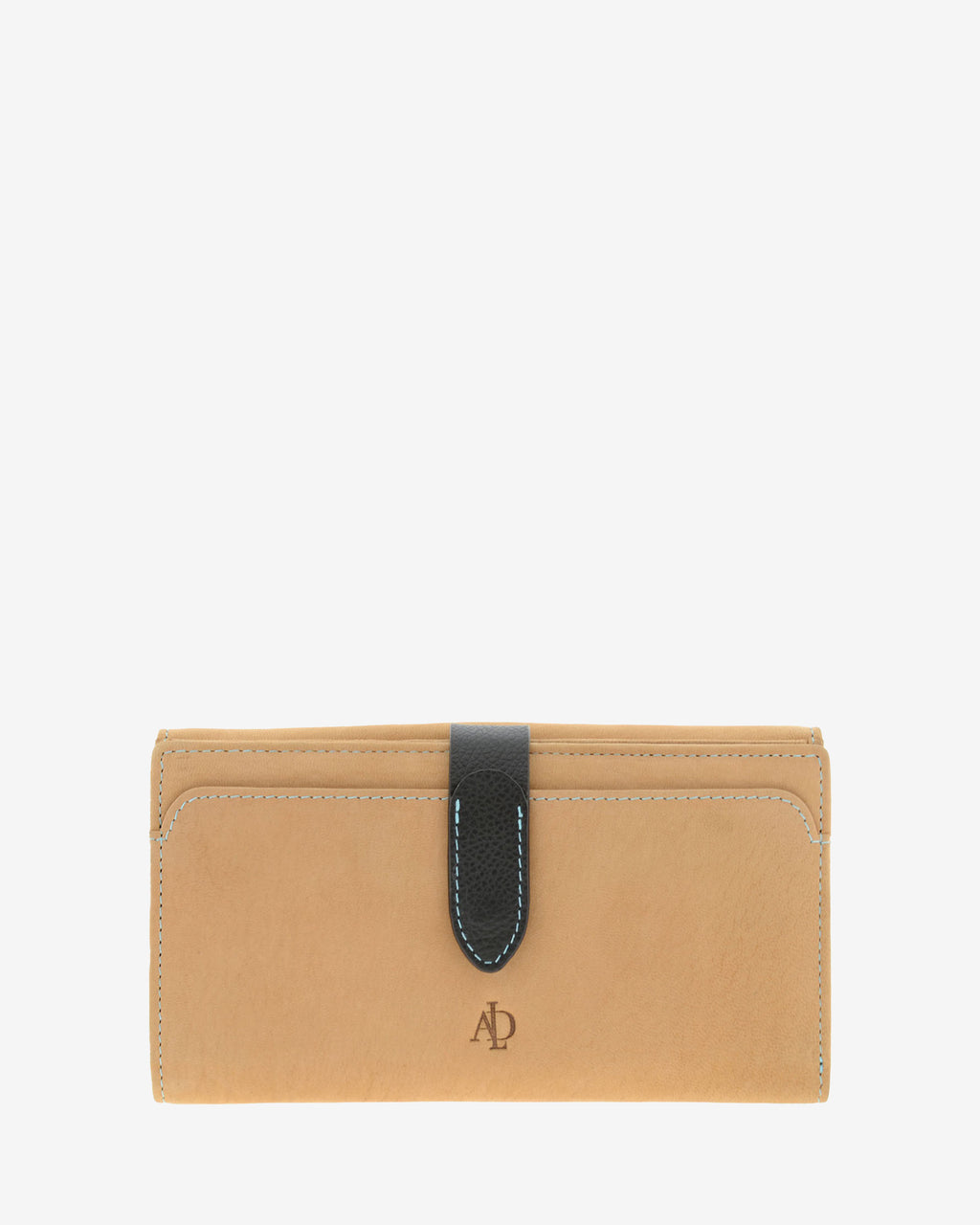 Cartera grande de piel color cuero con RFID, bolsillo exterior con solapa, pieza negra en contraste y pespunte azul, 4196-6