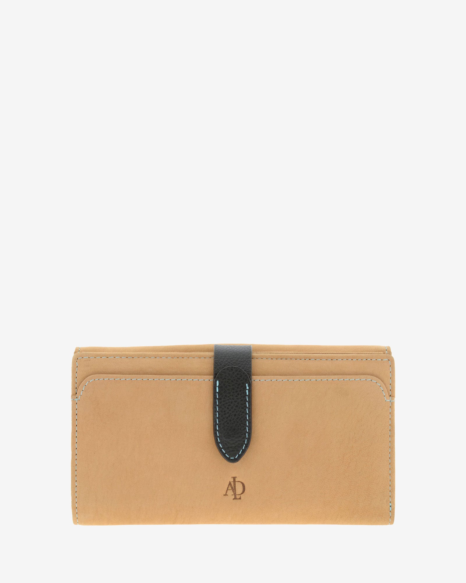 Cartera grande de piel color cuero con RFID, bolsillo exterior con solapa, pieza negra en contraste y pespunte azul, 4196-6