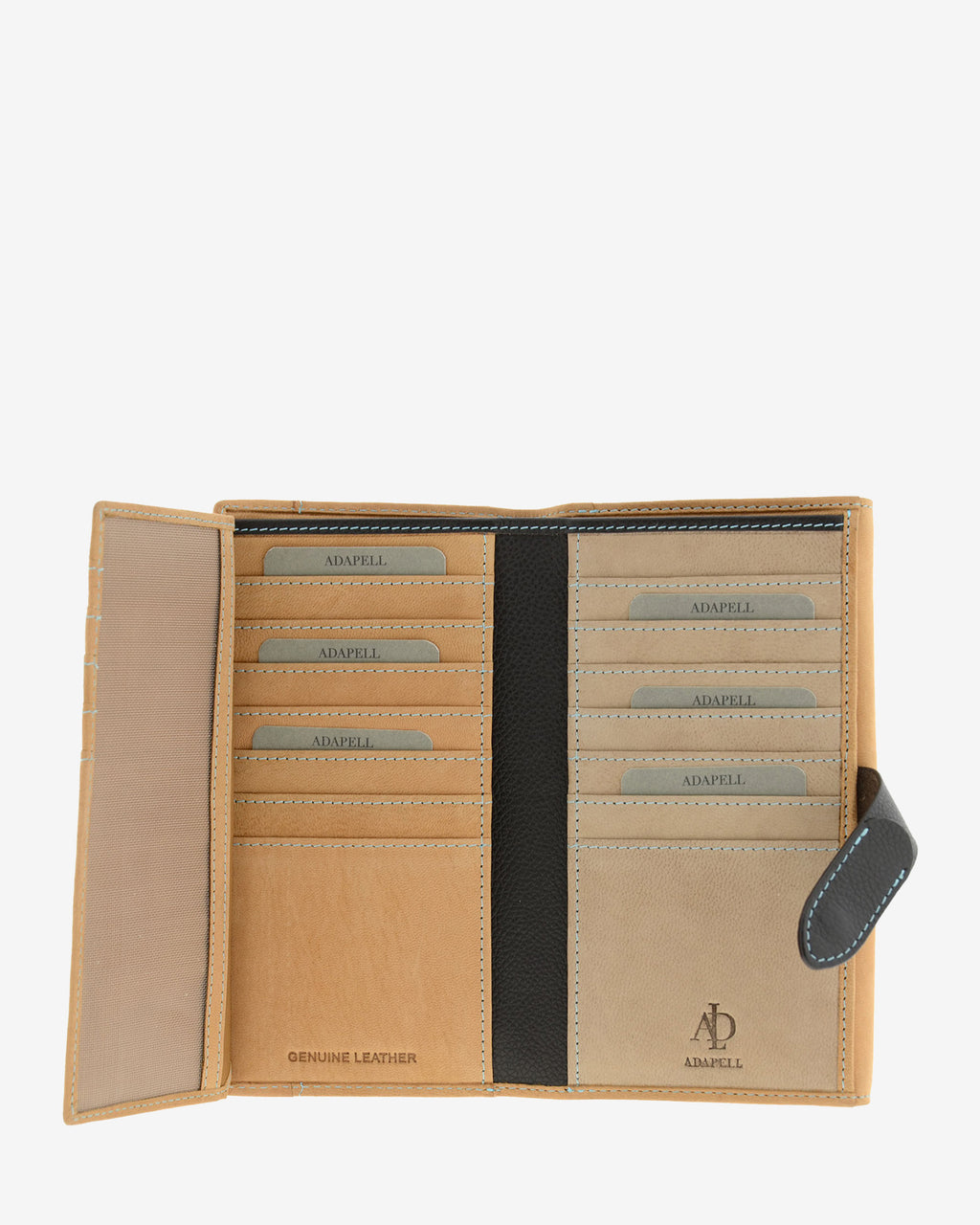Cartera grande de piel color cuero desplegada con múltiples ranuras para tarjetas, compartimentos interiores y ventana para ID, 4196-6