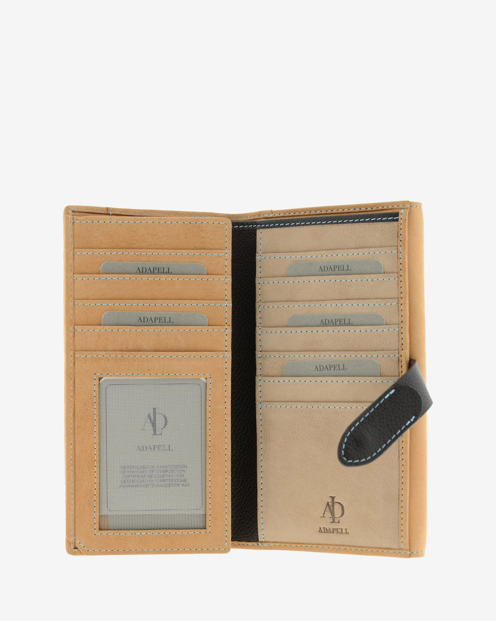 Interior de cartera grande de piel color cuero con ranuras para tarjetas, ventana para ID, espacio para billetes y documentos, 4196-6