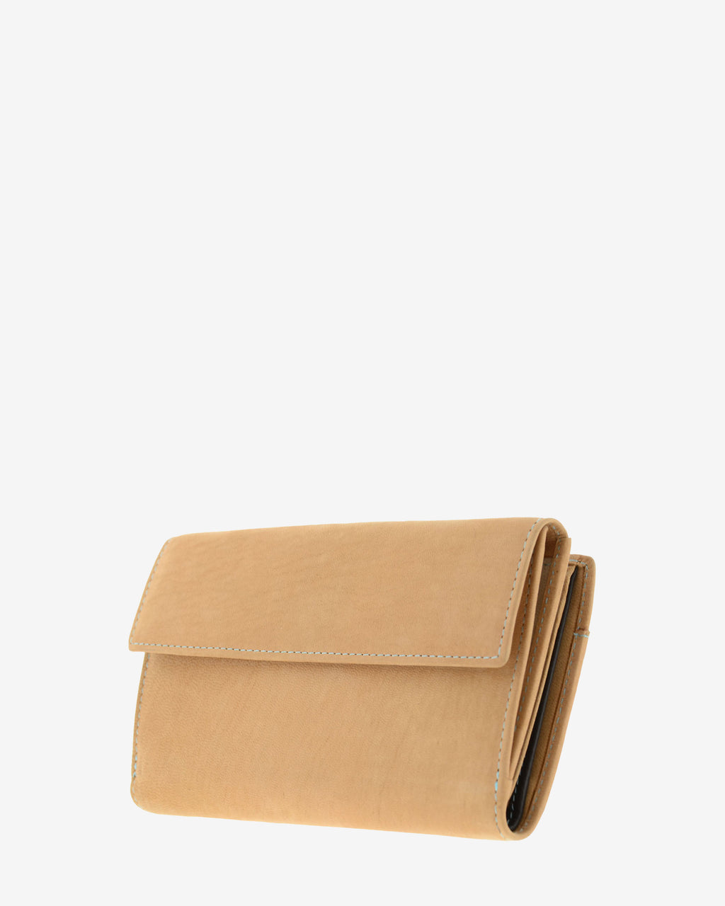 Parte trasera de cartera grande de piel color cuero con solapa exterior y pespunte azul visible, 4196-6