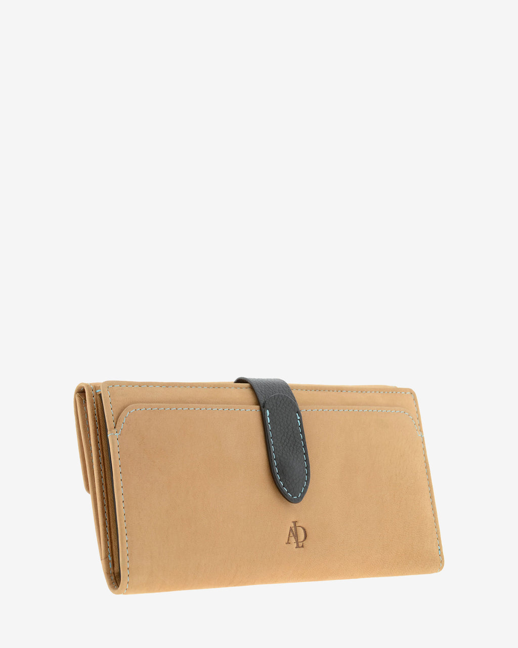 Cartera grande de piel color cuero con bolsillo exterior, cierre de botón y detalle negro con pespunte azul, 4196-6