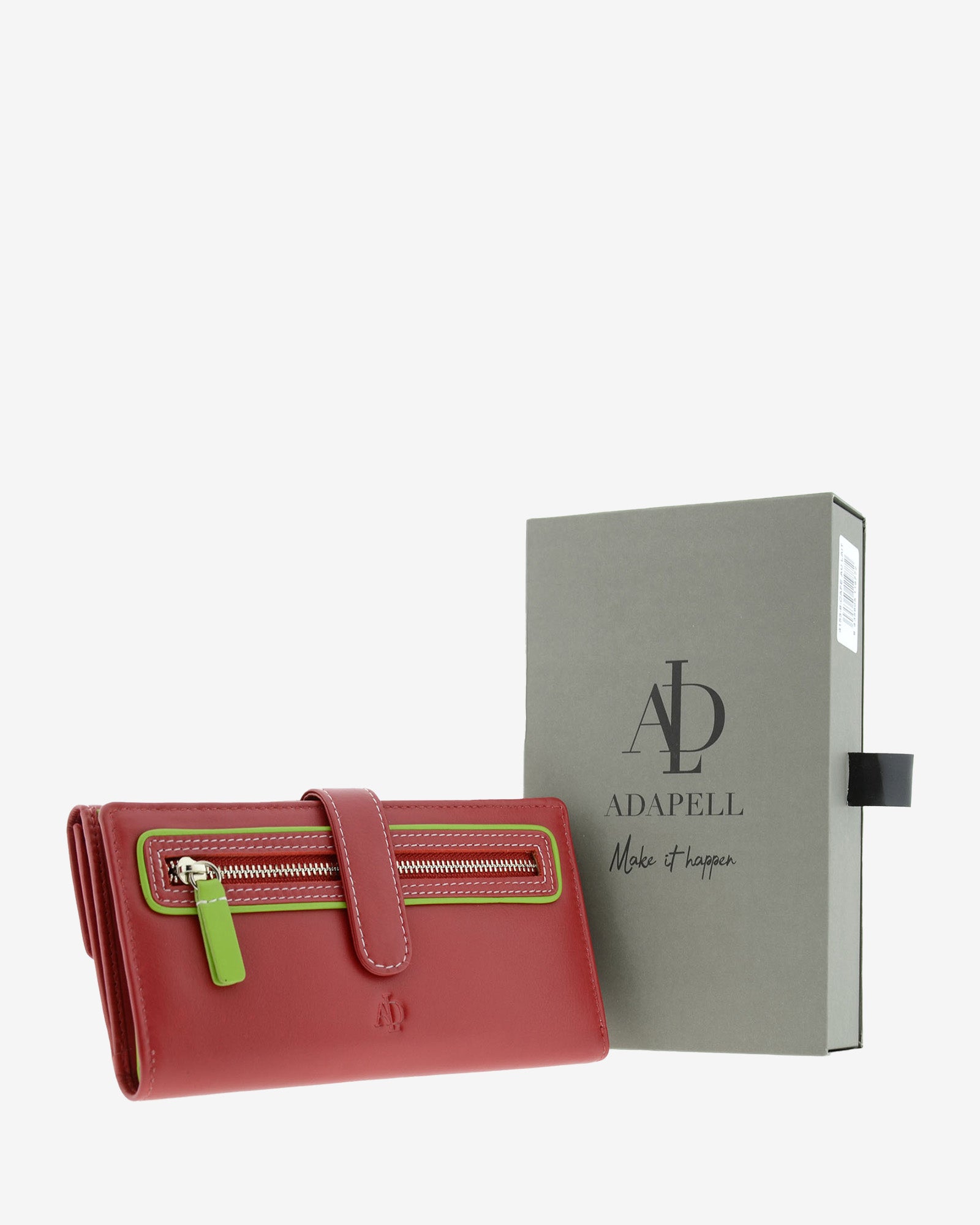 Cartera grande de piel roja con RFID presentada junto a caja Adapell, referencia 4200-3