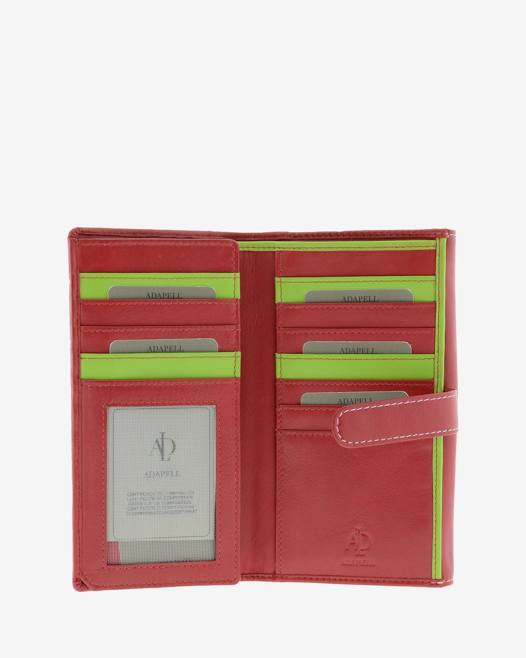 Cartera grande de piel color rojo con RFID abierta, ranuras para tarjetas, visor ID y cierre de solapa, referencia 4200-3