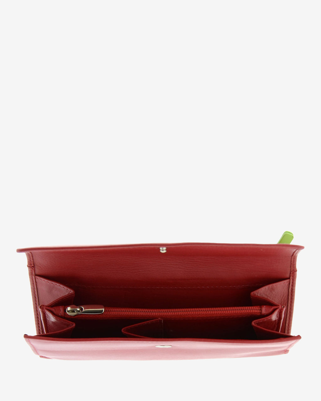 Cartera grande de piel color rojo con RFID, monedero abierto, mostrando compartimentos interiores y bolsillo con cremallera, referencia 4200-3