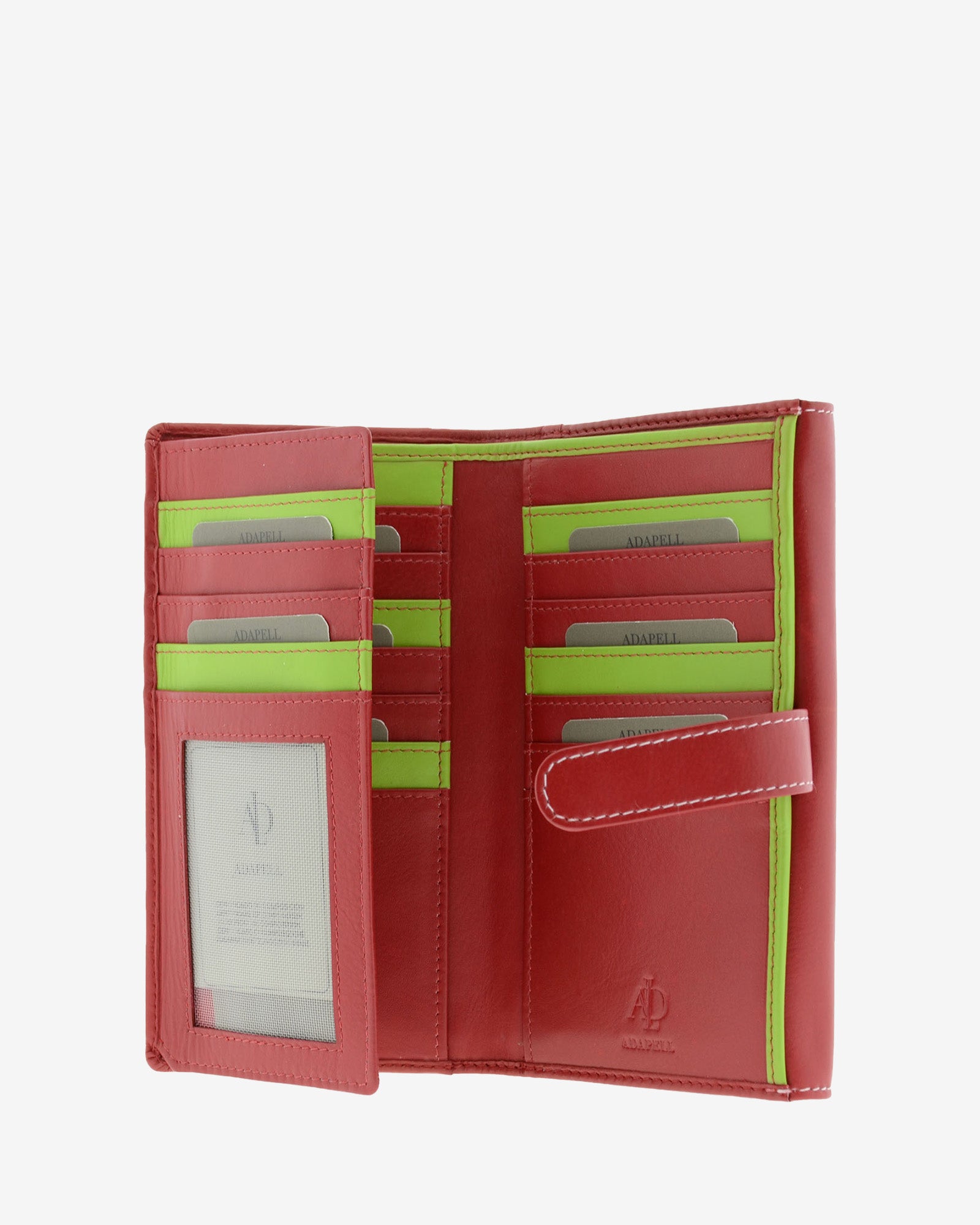 Cartera grande de piel color rojo con RFID abierta, interior con ranuras para tarjetas y visor ID, referencia 4200-3