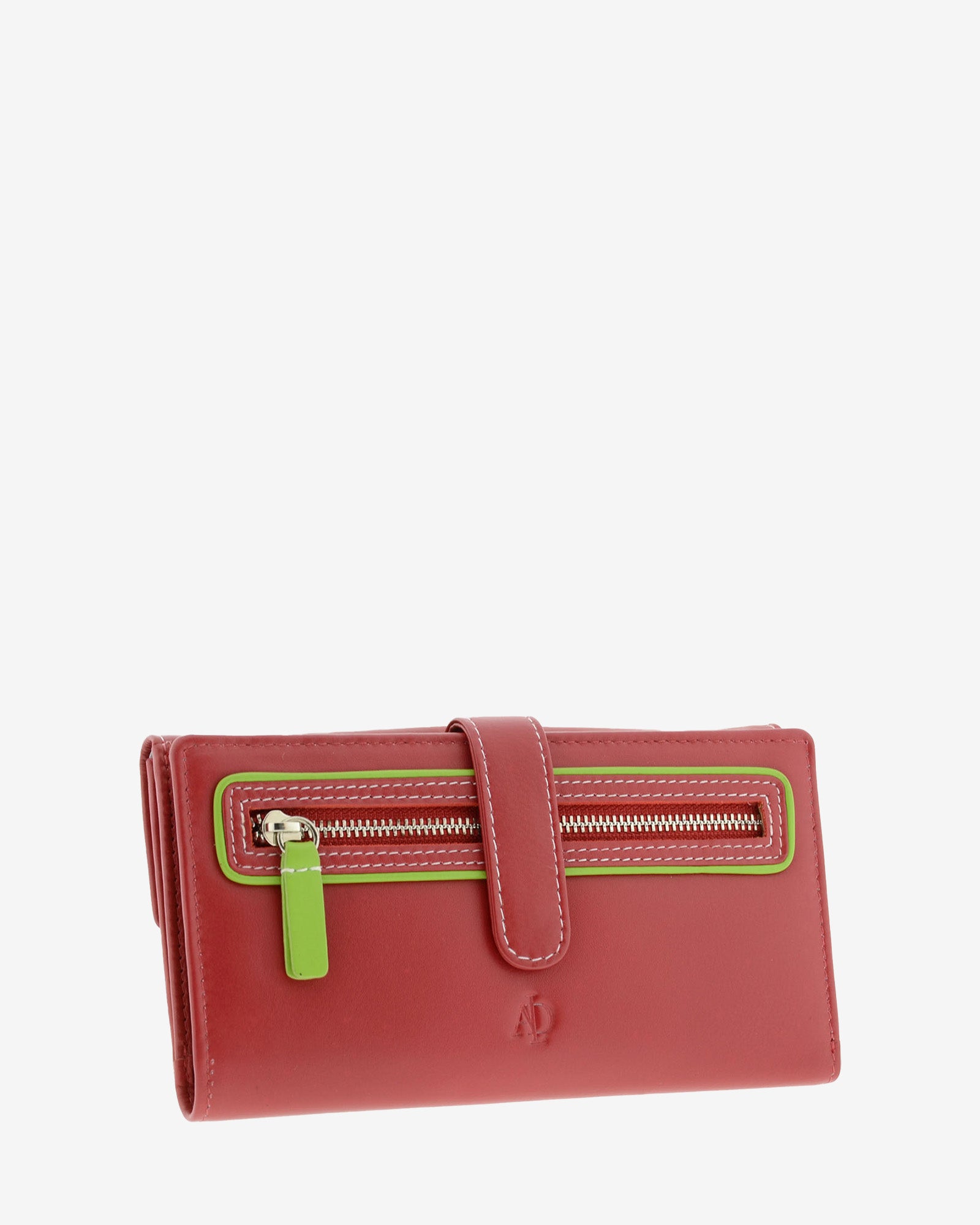 Cartera grande de piel roja con RFID, bolsillo exterior con cremallera, cierre central y ribetes verde lima, referencia 4200-3