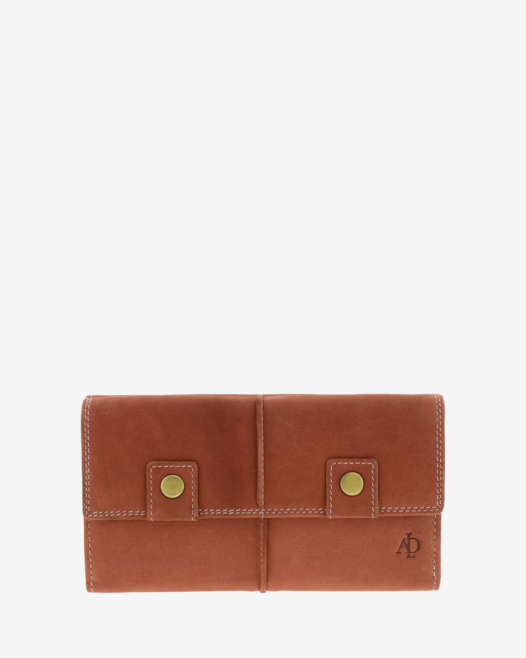 Cartera grande de piel de vacuno color teja con RFID, doble botón frontal, costuras visibles y logo Adapell, 4217-9.