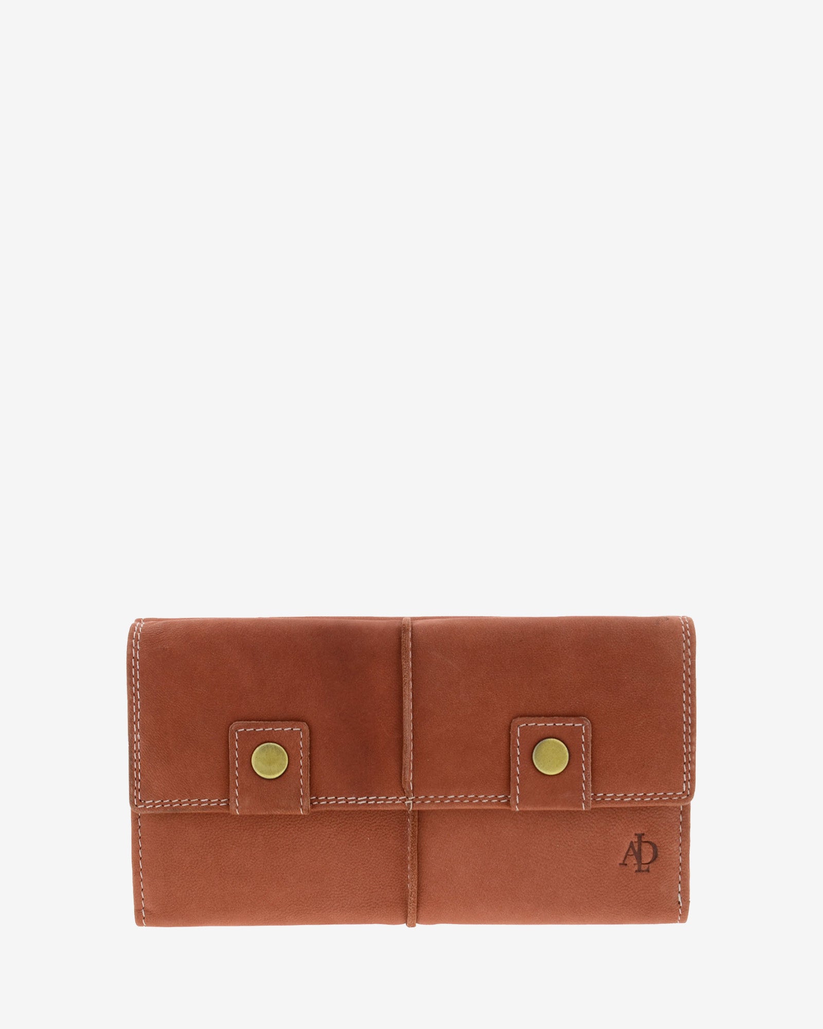 Cartera grande de piel de vacuno color teja con RFID, doble botón frontal, costuras visibles y logo Adapell, 4217-9.