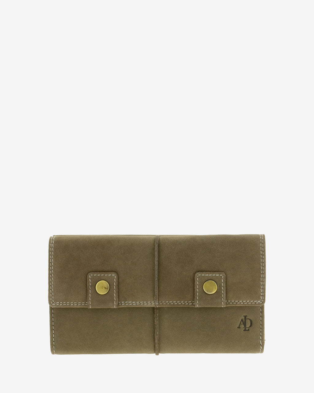 Cartera grande de piel de vacuno color topo con RFID, doble botón frontal, costuras visibles y logo Adapell, 4217-11.