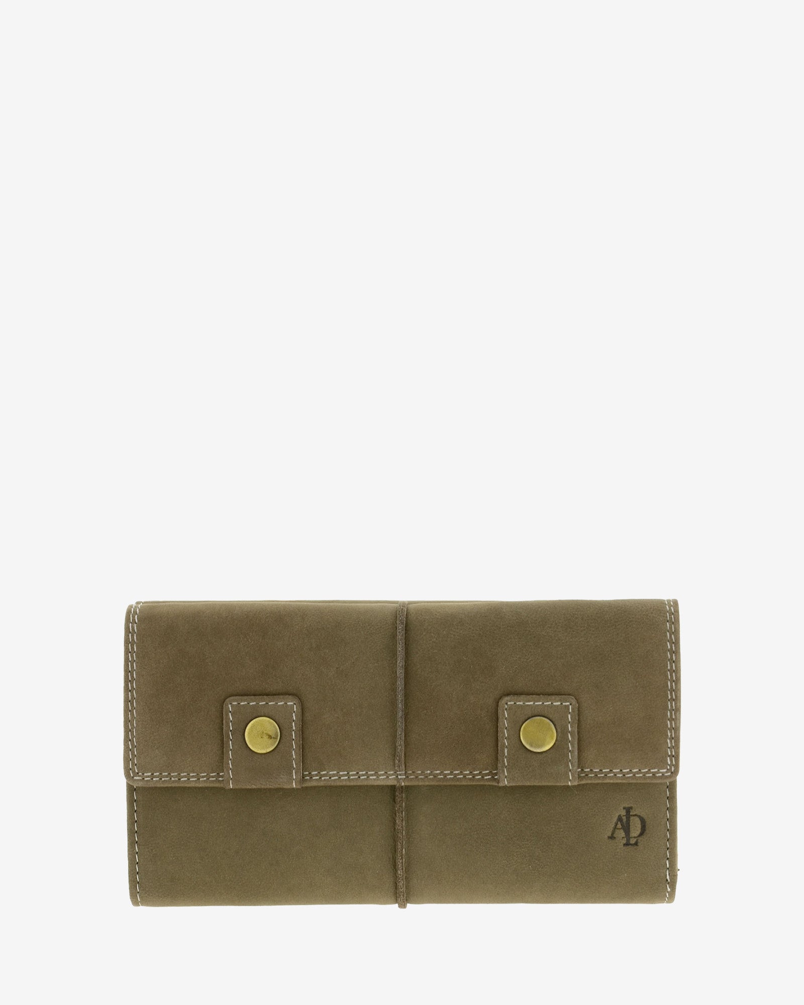Cartera grande de piel de vacuno color topo con RFID, doble botón frontal, costuras visibles y logo Adapell, 4217-11.