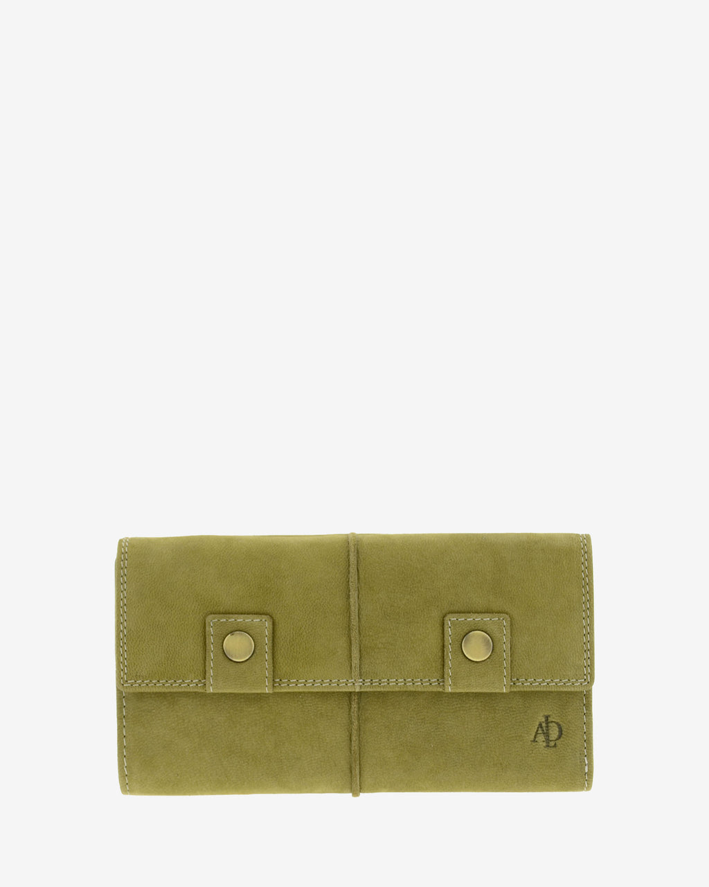 Cartera grande de piel de vacuno verde oliva con RFID, doble botón frontal, costuras visibles y logo Adapell, 4217-5.