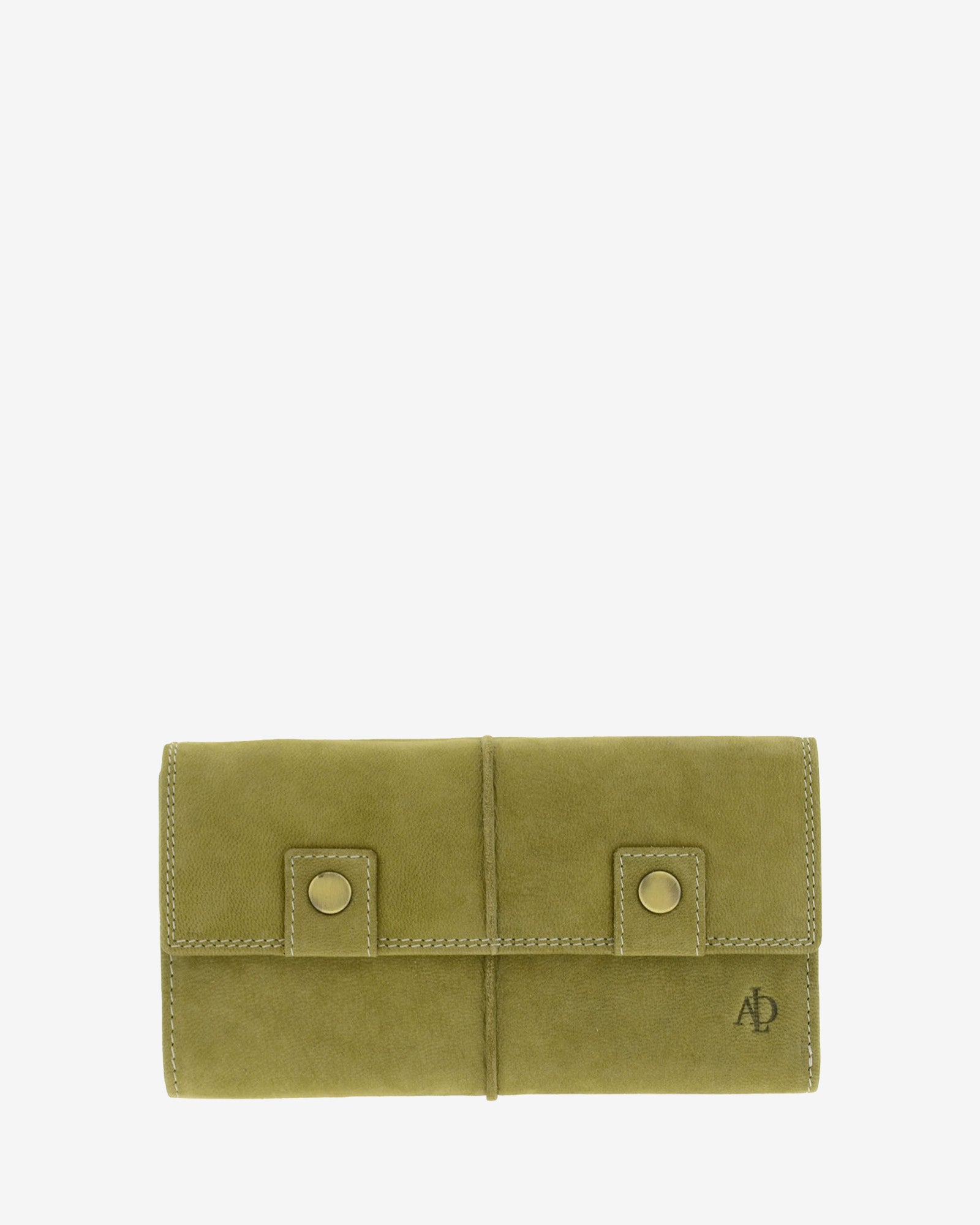 Cartera grande de piel de vacuno verde oliva con RFID, doble botón frontal, costuras visibles y logo Adapell, 4217-5.