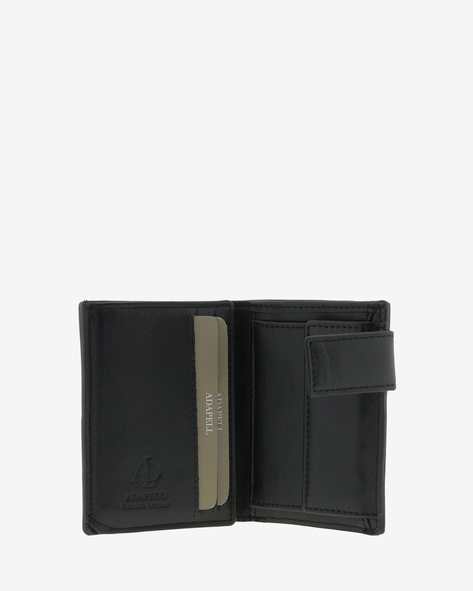 Cartera de hombre en piel con RFID, en color negro con diseño a cuadros y cierre de botón, ref. 1666-1, vista interior con compartimentos para tarjetas y monedero