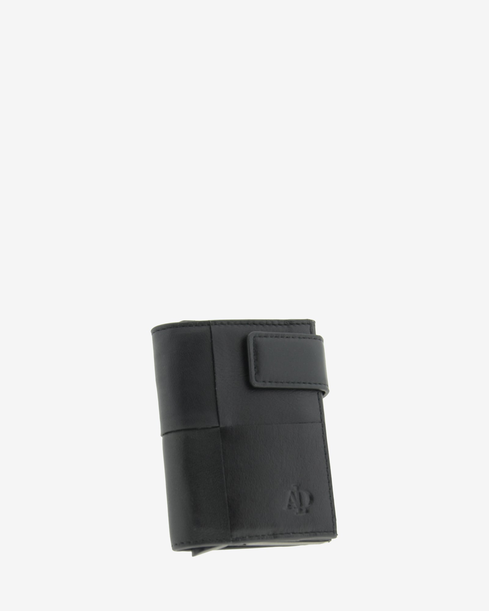 Cartera tarjetero automático en piel con RFID y cierre de botón en color negro, ref. 1669-1, vista diagonal frontal