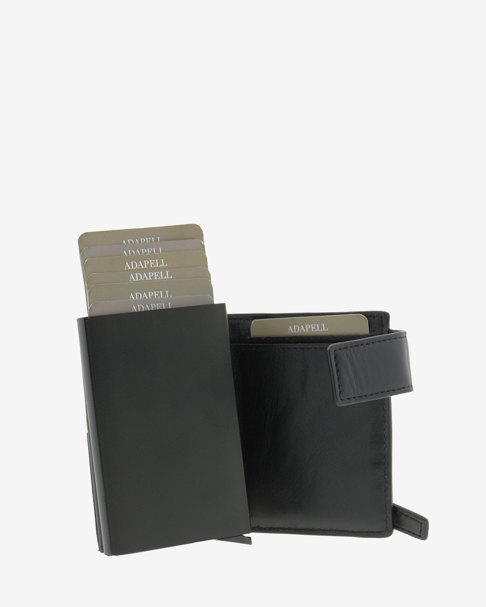 Cartera tarjetero automático en piel con RFID y cierre de botón en color negro, ref. 1669-1, vista interior