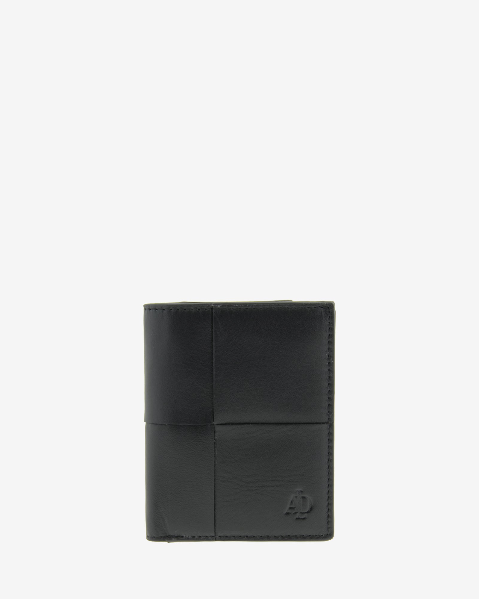 Cartera de hombre en piel de color negro, con RFID y logo Adapell, vista frontal