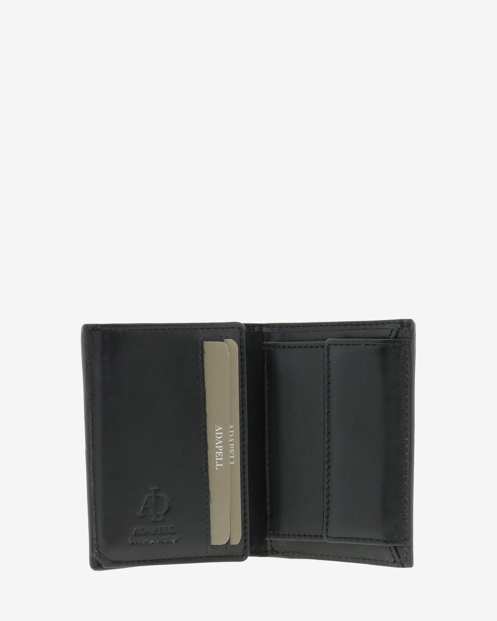 Cartera de hombre en piel de color negro, con RFID y logo Adapell, vista interior con compartimentos tarjetas y monedero