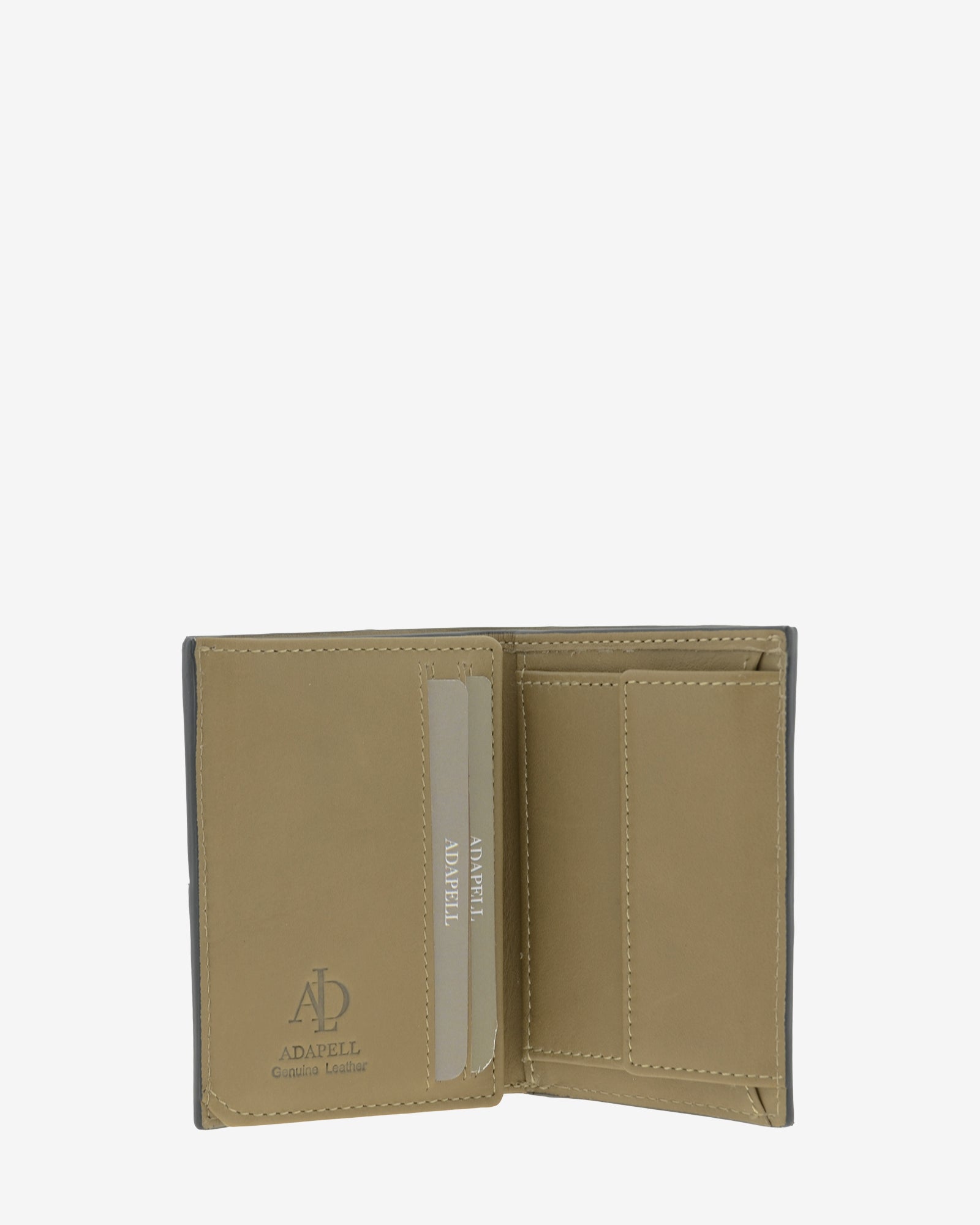 Cartera de hombre en piel de color topo con RFID, ref. 1665-12, con diseño de cuadrados y logo Adapell, vista interior con compartimentos tarjetas y monedero