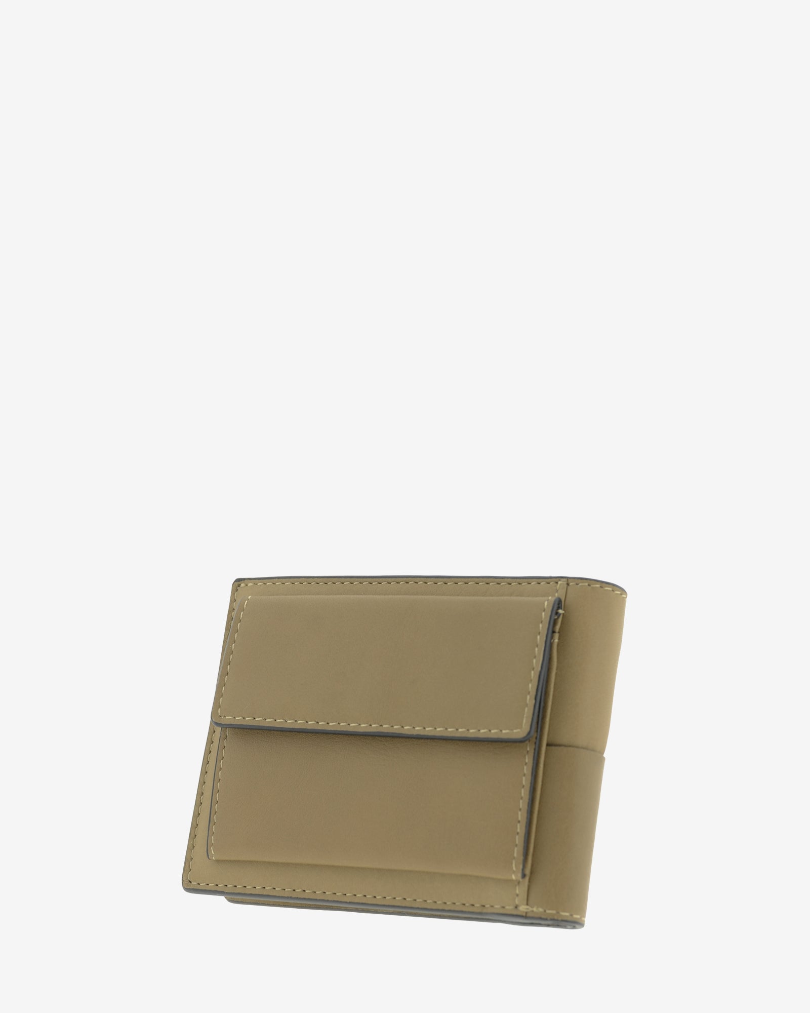 Cartera de hombre horizontal de piel con RFID, ref. 1667-12, en color topo con diseño a cuadros y logo Adapell, vista diagonal trasera con monedero exterior