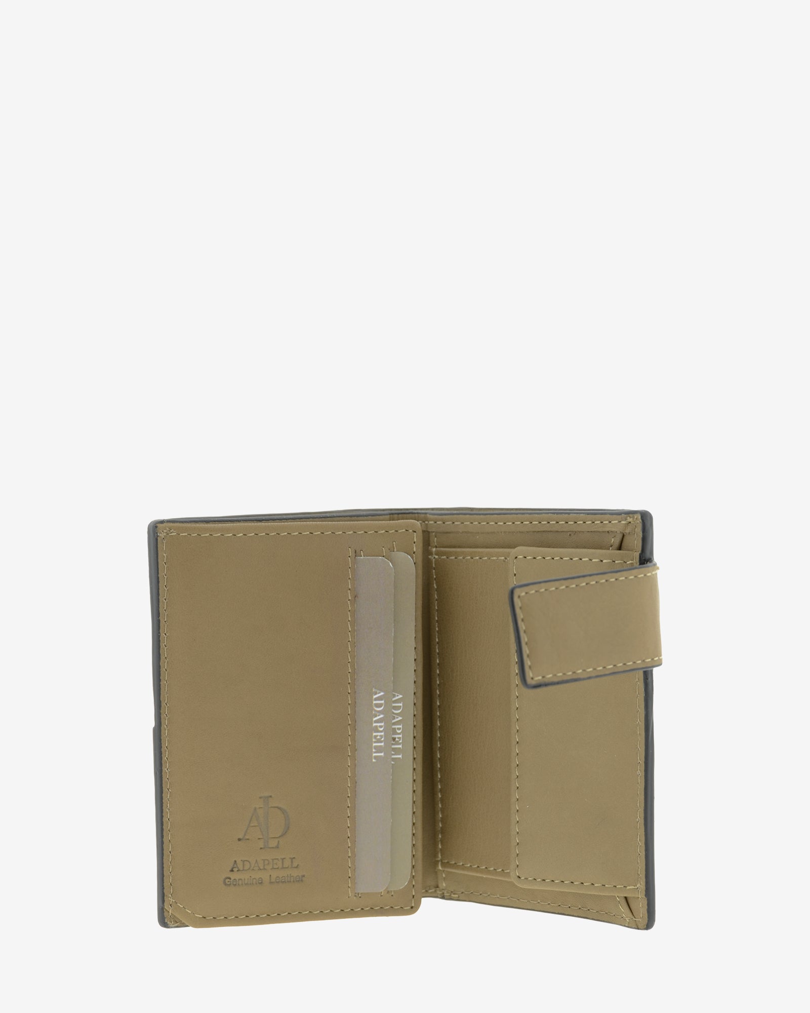 Cartera de hombre en piel con RFID, en color topo con diseño a cuadros, con cierre de botón, ref. 1666-2, vista interior con compartimentos para tarjetas y monedero