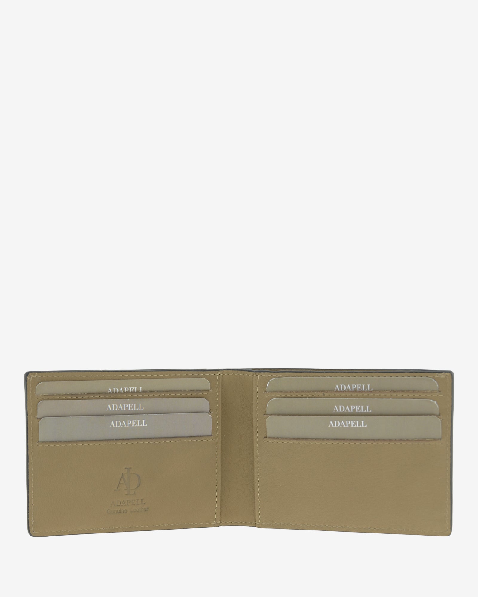 cartera de hombre en piel con RFID, ref. 1668-12, formato horizontal, en color topo, vista interior con compartimentos tarjetas