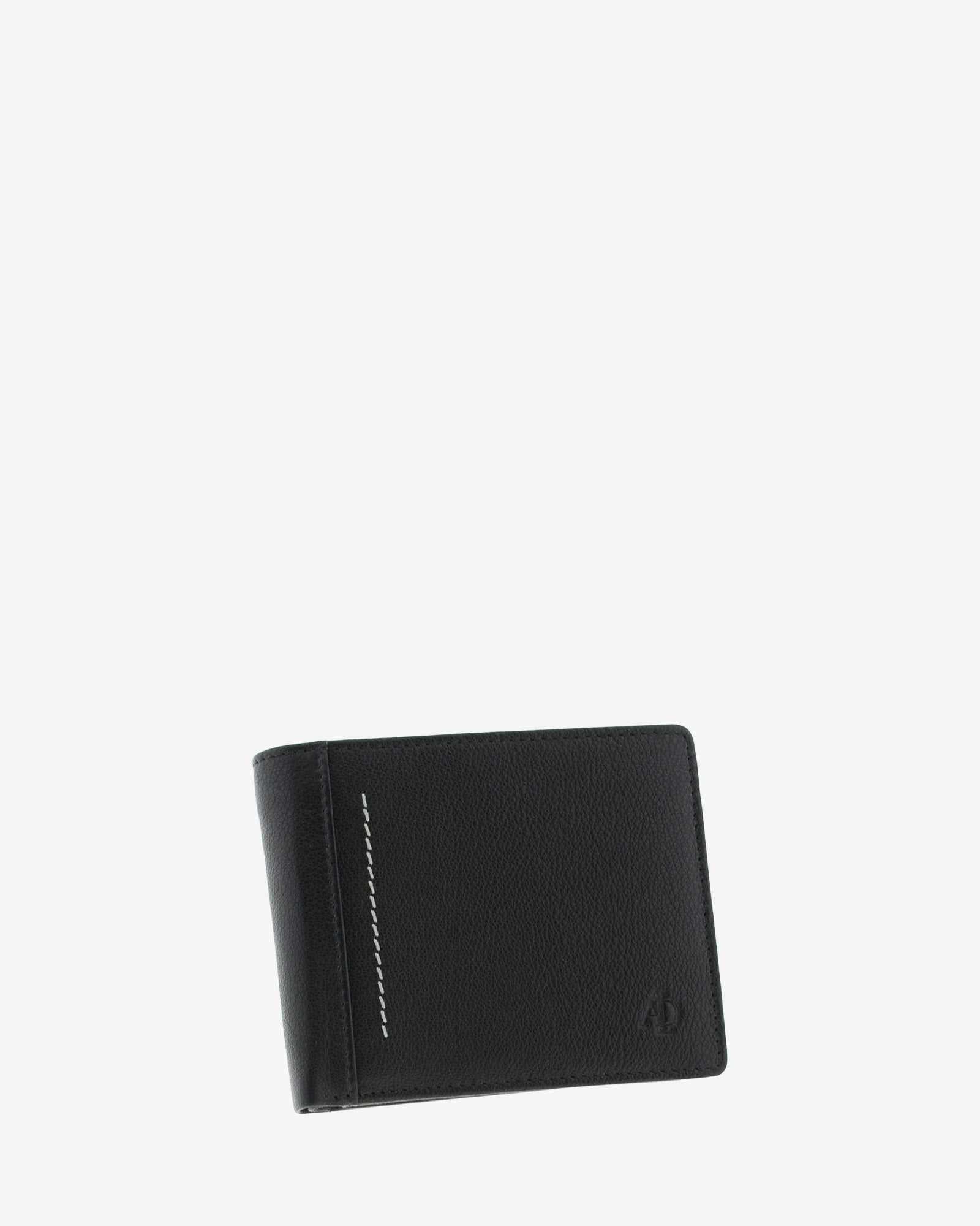 Cartera horizontal de piel negra con RFID, cerrada en ángulo, vista frontal, 1658-1