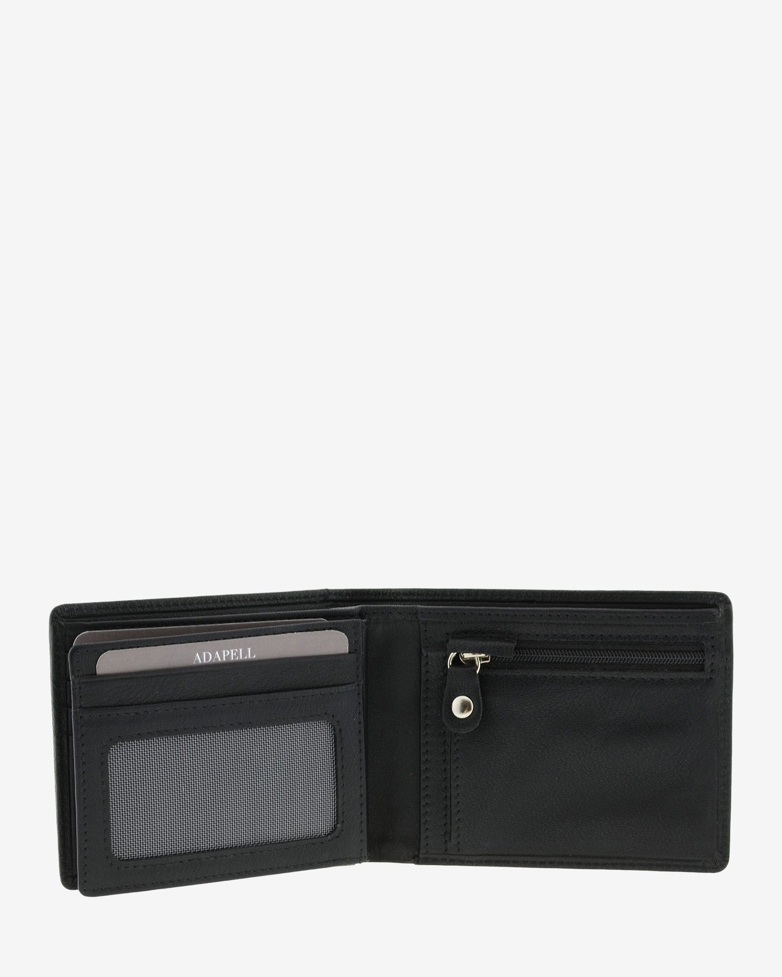 Cartera horizontal de piel negra abierta mostrando monedero con cremallera, ventana interior y compartimentos para tarjetas, 1658-1