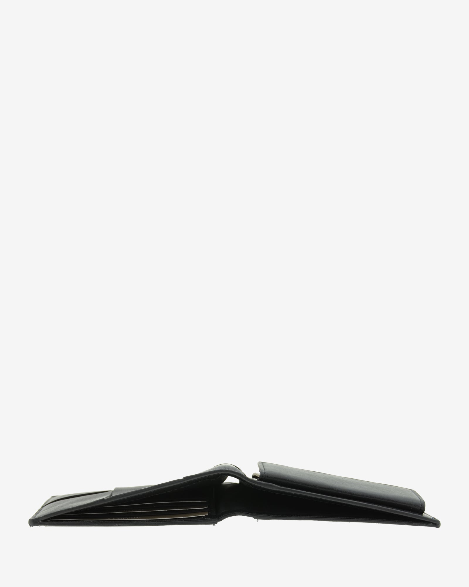 Cartera horizontal de piel color negro abierta mostrando grosor y compartimentos interiores, ref. 1667-1