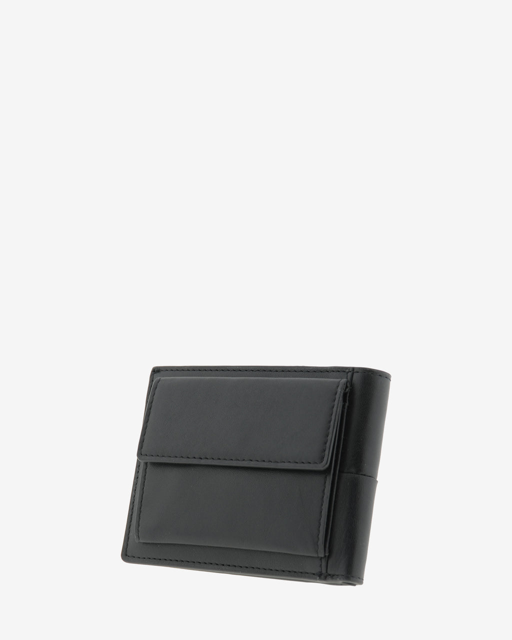 Cartera horizontal de piel color negro con monedero exterior, vista diagonal trasera, ref. 1667-1