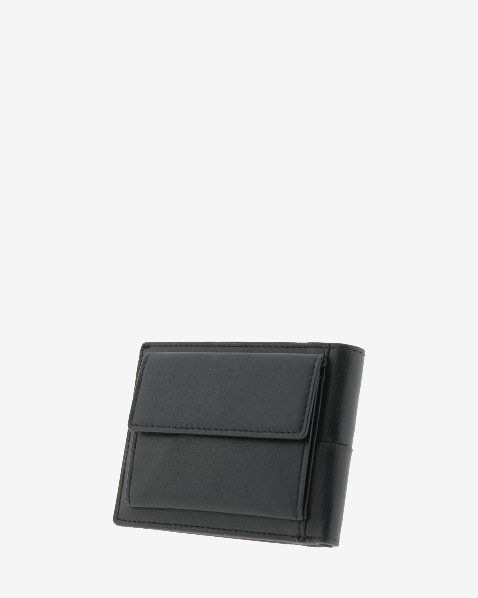 Cartera horizontal de piel color negro con monedero exterior, vista diagonal trasera, ref. 1667-1