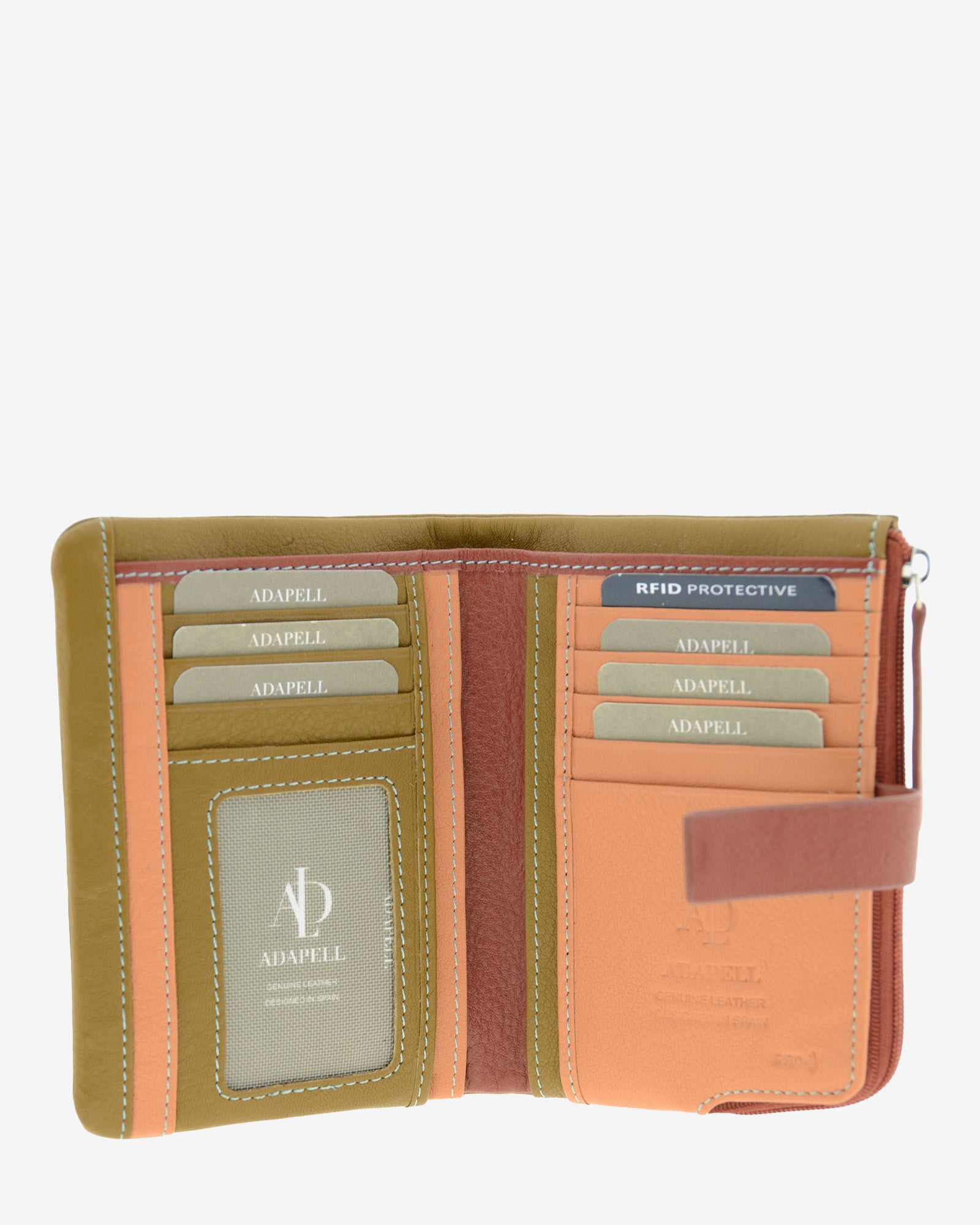 Cartera de mujer de piel auténtica ref. 4249-2, de medida mediana en color ámbar ébano con protección de tarjetas RFID de la colección Brisa, vista interior con compartimentos