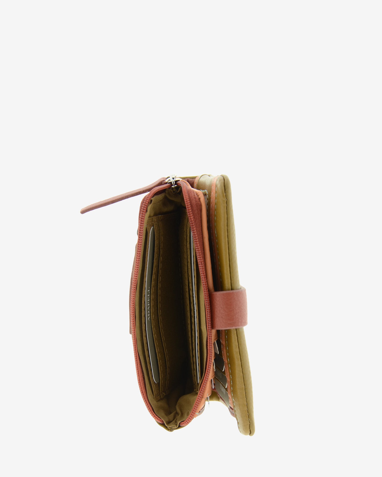 Cartera de mujer de piel auténtica ref. 4249-2, de medida mediana en color ámbar ébano con protección de tarjetas RFID de la colección Brisa, interior del monedero exterior