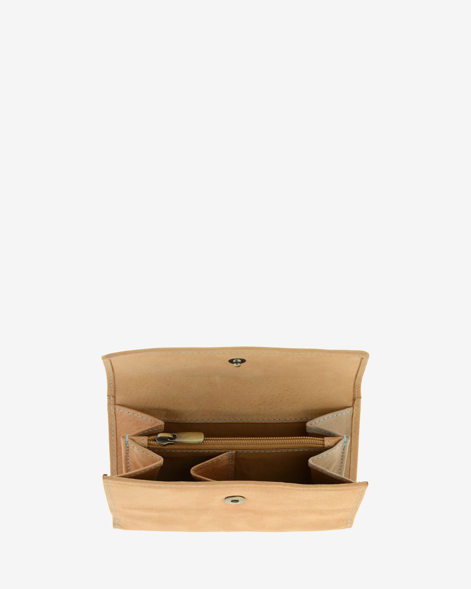 Monedero exterior tipo bolsillo abierto en cartera mediana de piel color cuero, con compartimentos interiores para monedas, 4197-6