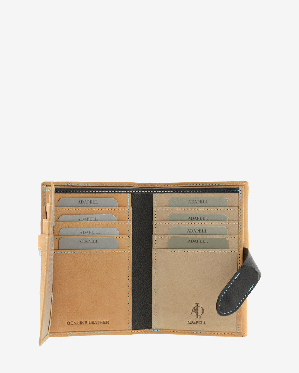 Cartera mediana de piel color cuero abierta desplegada con ranuras para tarjetas visibles en el interior, 4197-6