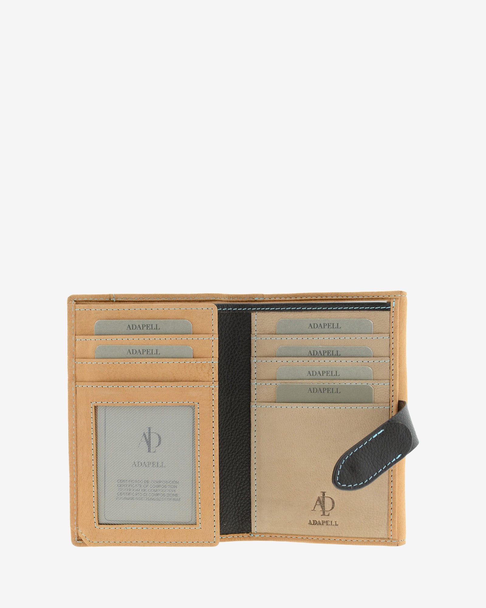 Cartera mediana de piel color cuero abierta parcialmente con ranuras para tarjetas visibles en el interior, 4197-6