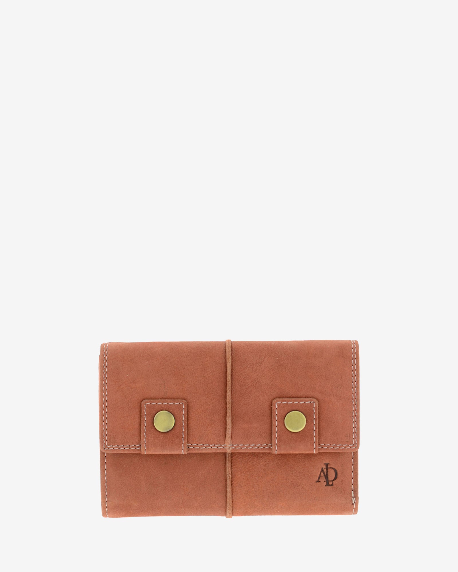 Cartera mediana de piel de vacuno color teja con RFID, doble botón frontal, costuras visibles y logo Adapell, 4218-9.