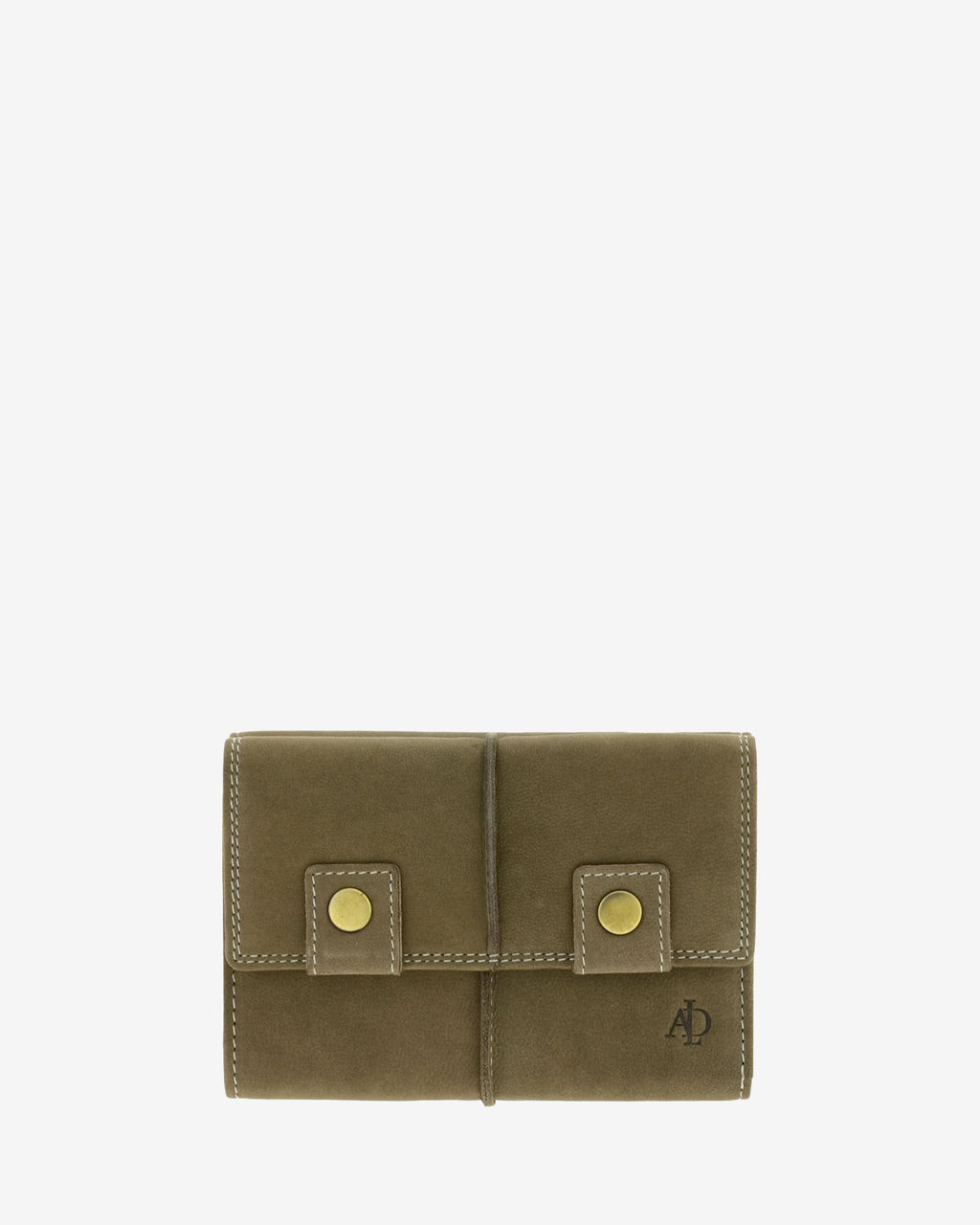 Cartera mediana de piel de vacuno color topo con RFID, doble botón frontal, costuras visibles y logo Adapell, 4218-11.