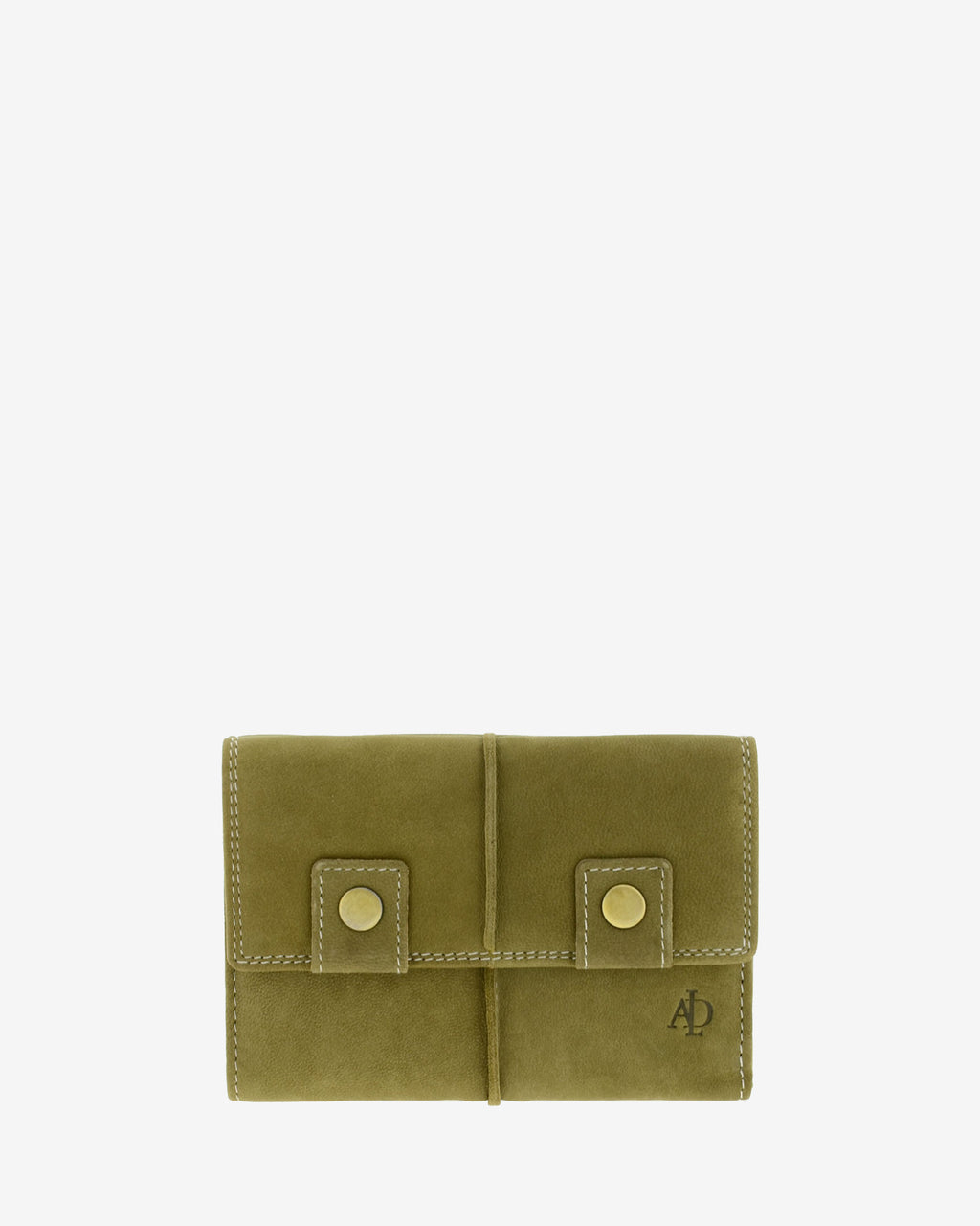 Cartera mediana de piel de vacuno verde oliva con RFID, doble botón frontal, costuras visibles y logo Adapell, 4218-5.