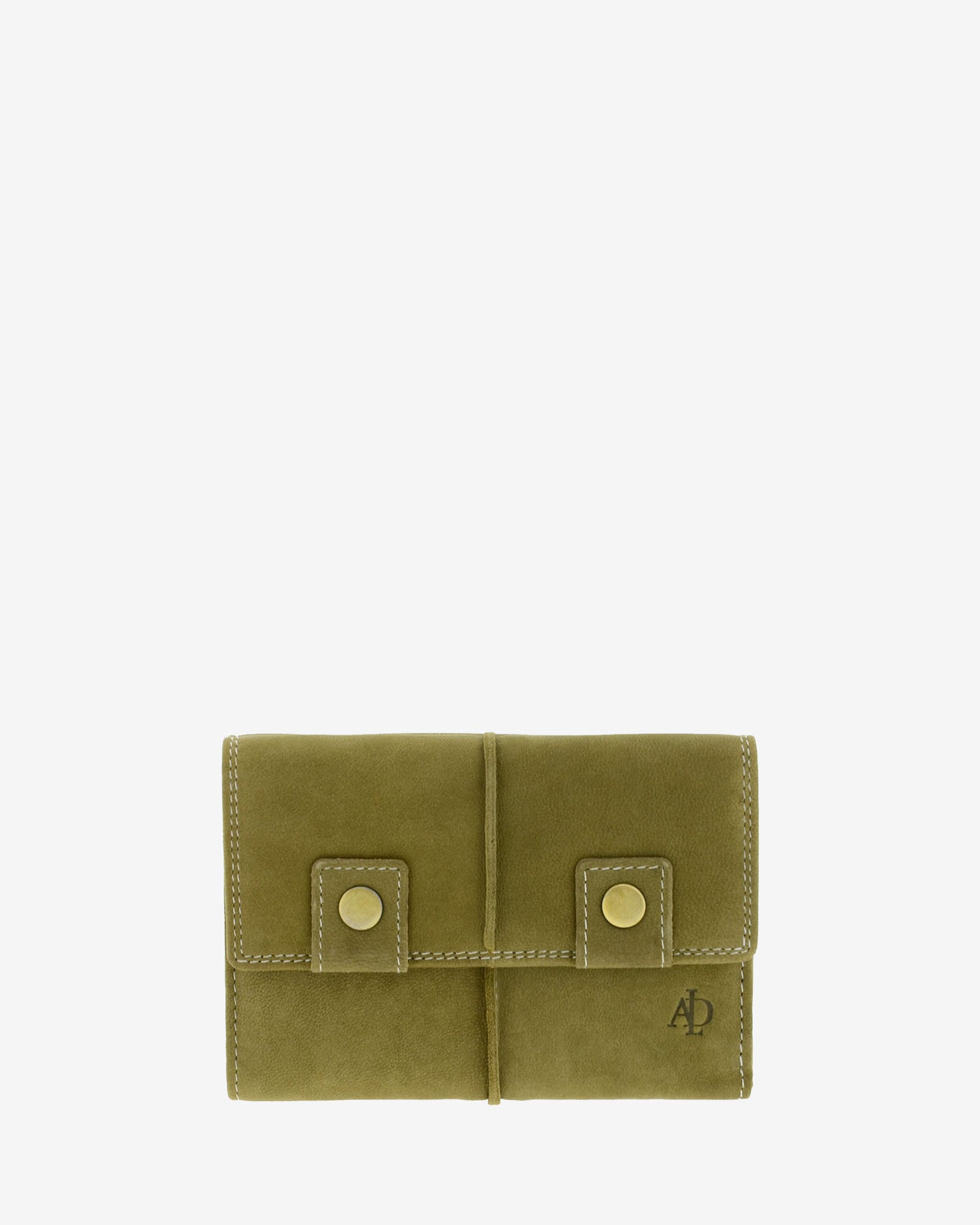 Cartera mediana de piel de vacuno verde oliva con RFID, doble botón frontal, costuras visibles y logo Adapell, 4218-5.