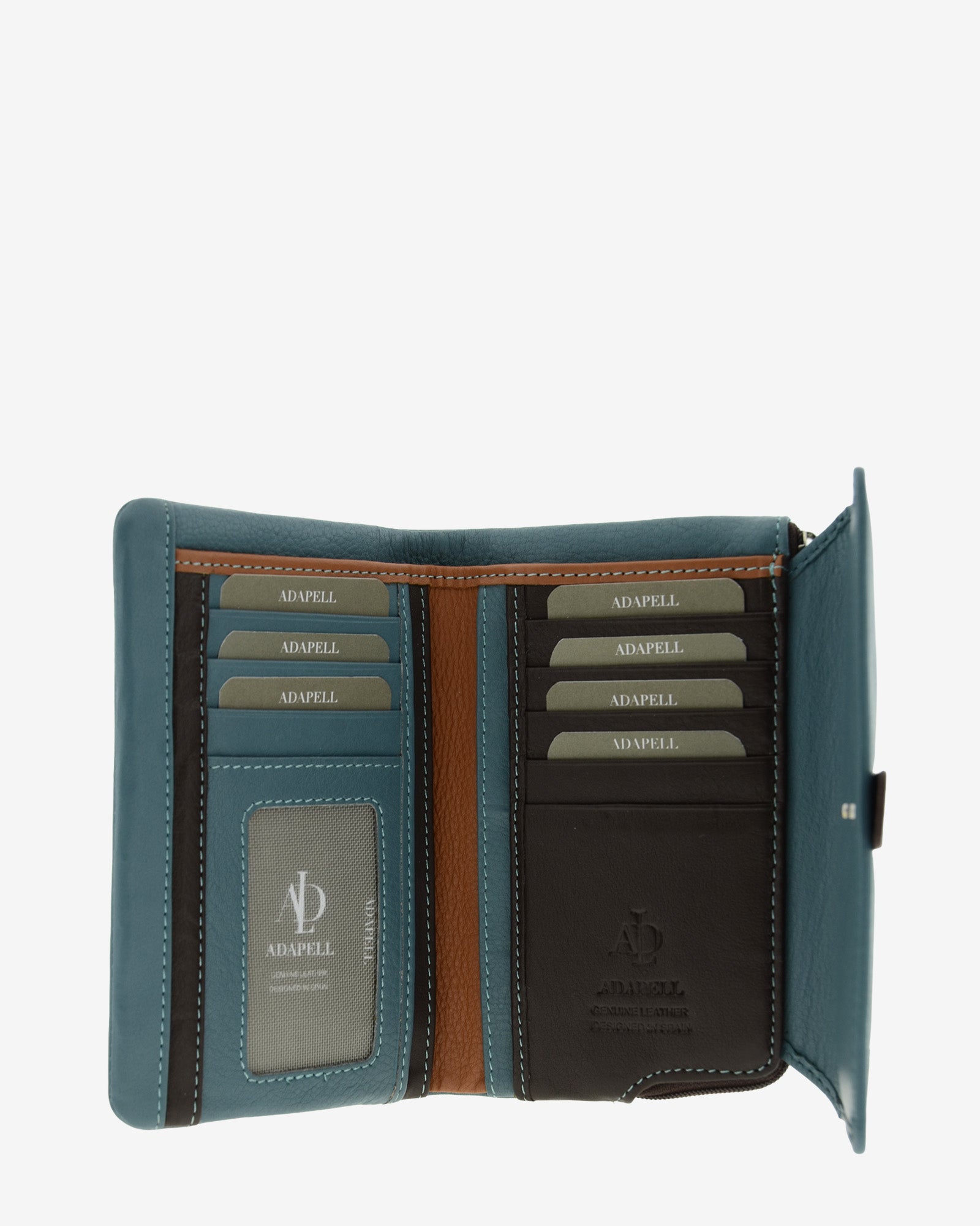 Cartera de piel Adapell color azul para mujer, vista interior con compartimentos y ranuras tarjetas. Ref. 4242-14
