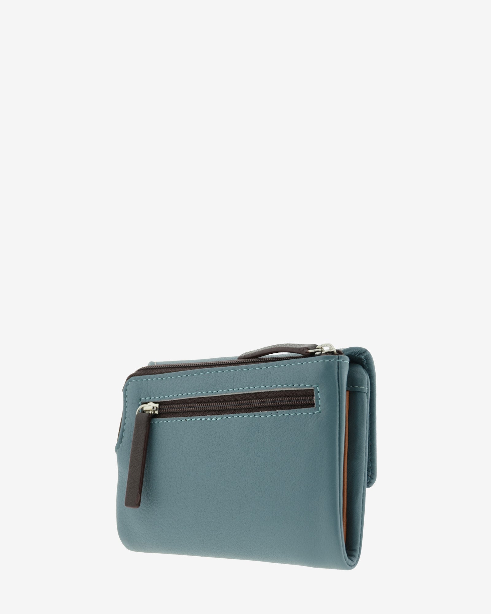Cartera de mujer de piel pequena Adapell color azul vista diagonal trasera con doble cremallera Ref. 4243-14