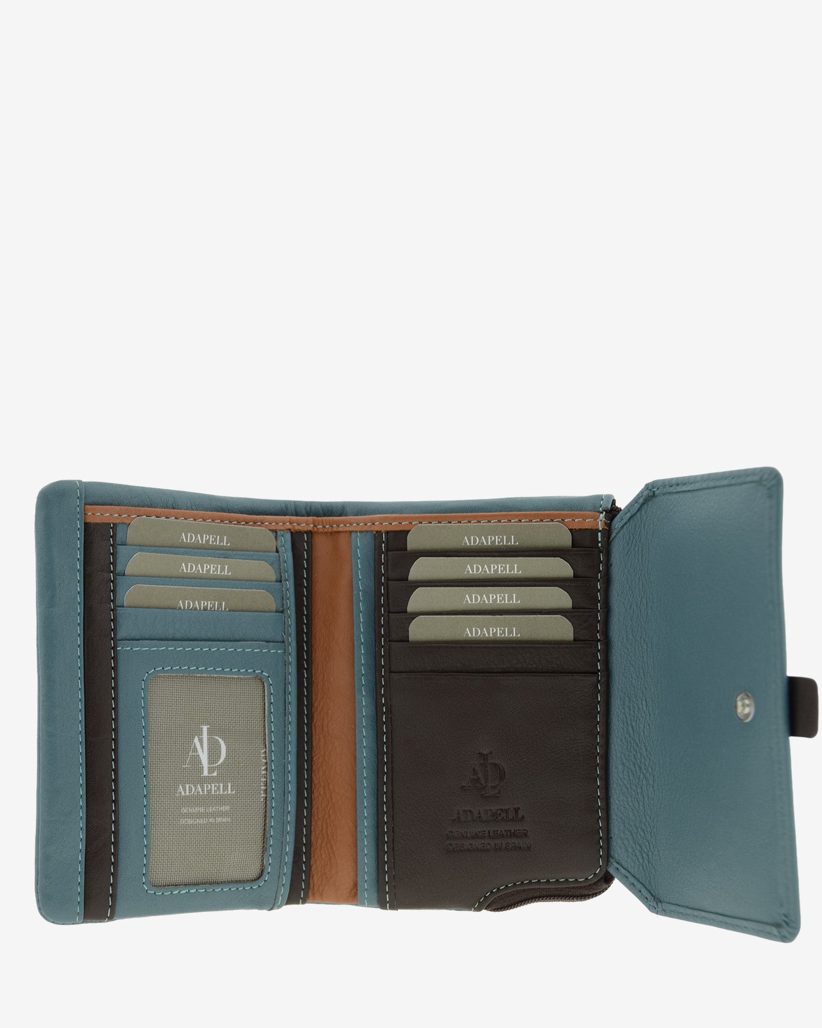 Cartera de mujer de piel pequena Adapell color azul vista interior con compartimentos y ranuras tarjetas Ref. 4243-14