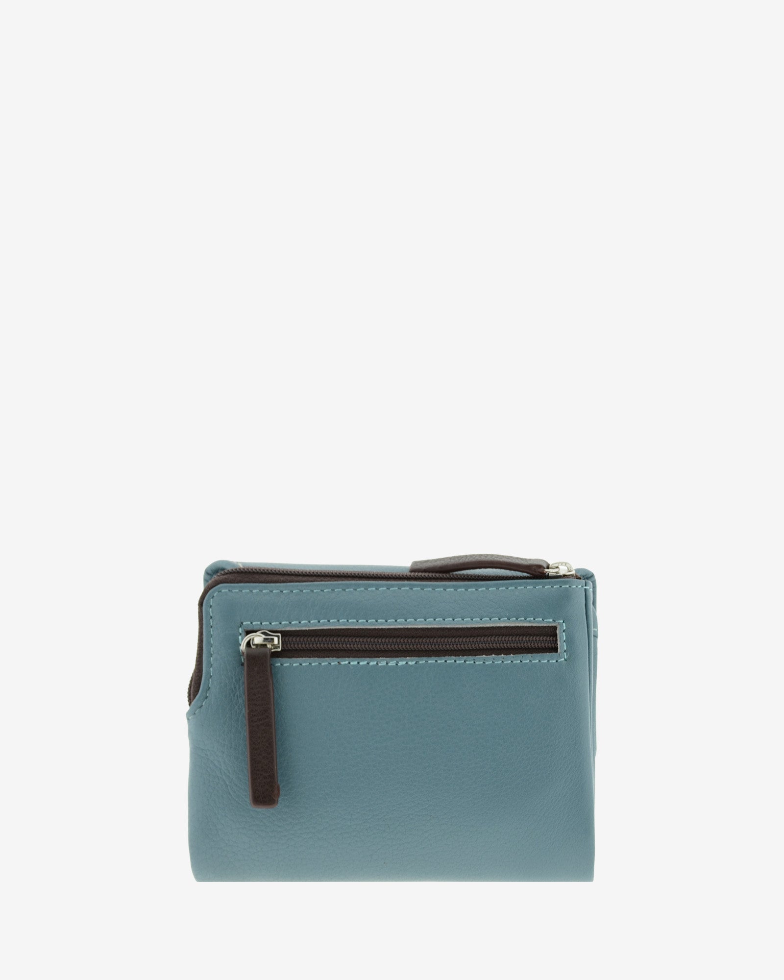 Cartera de mujer de piel pequena Adapell color azul vista trasera con doble cremallera Ref. 4243-14