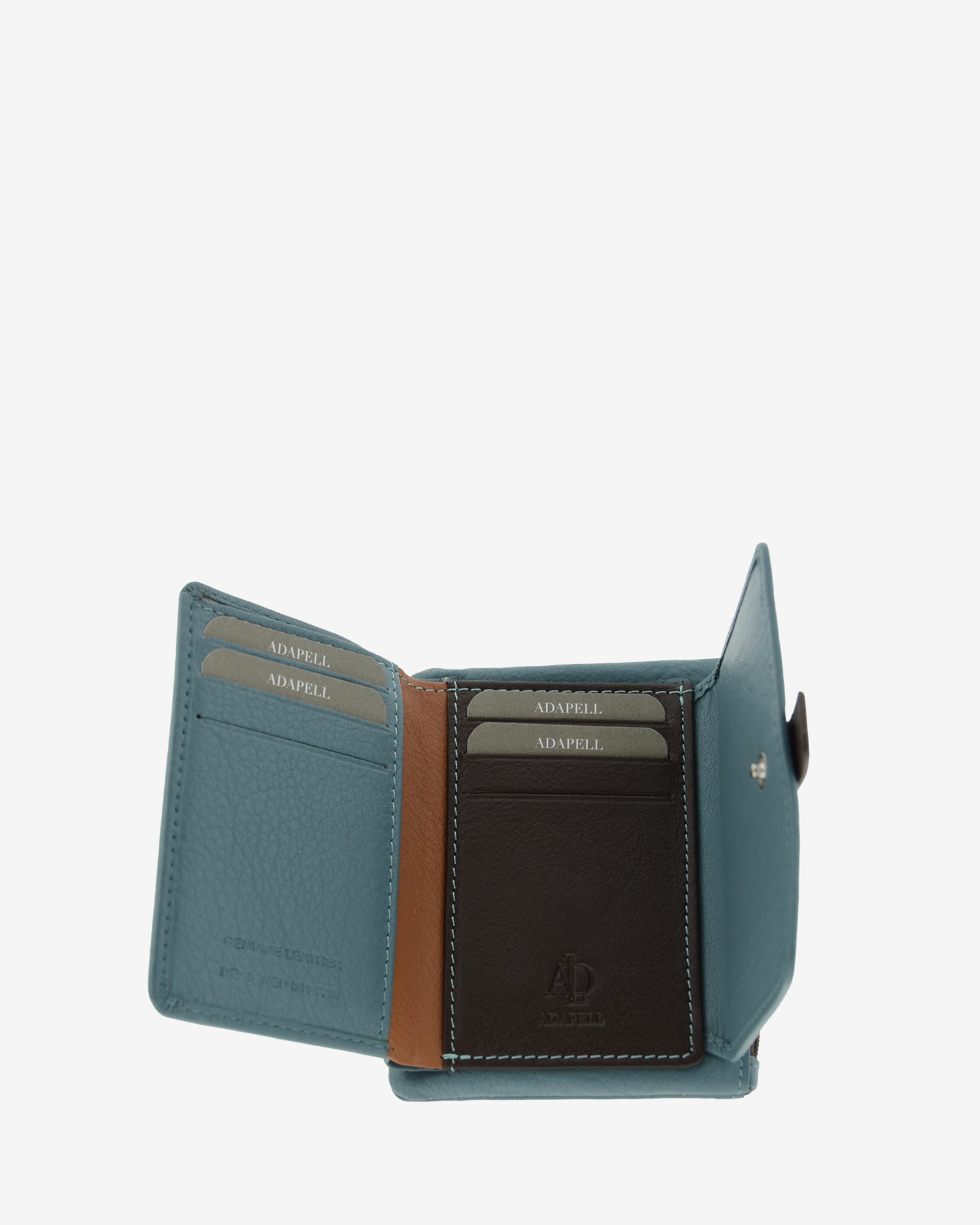 Cartera de mujer de piel pequena Adapell color azul vista interior con compartimentos y ranuras tarjetas Ref. 4244-14