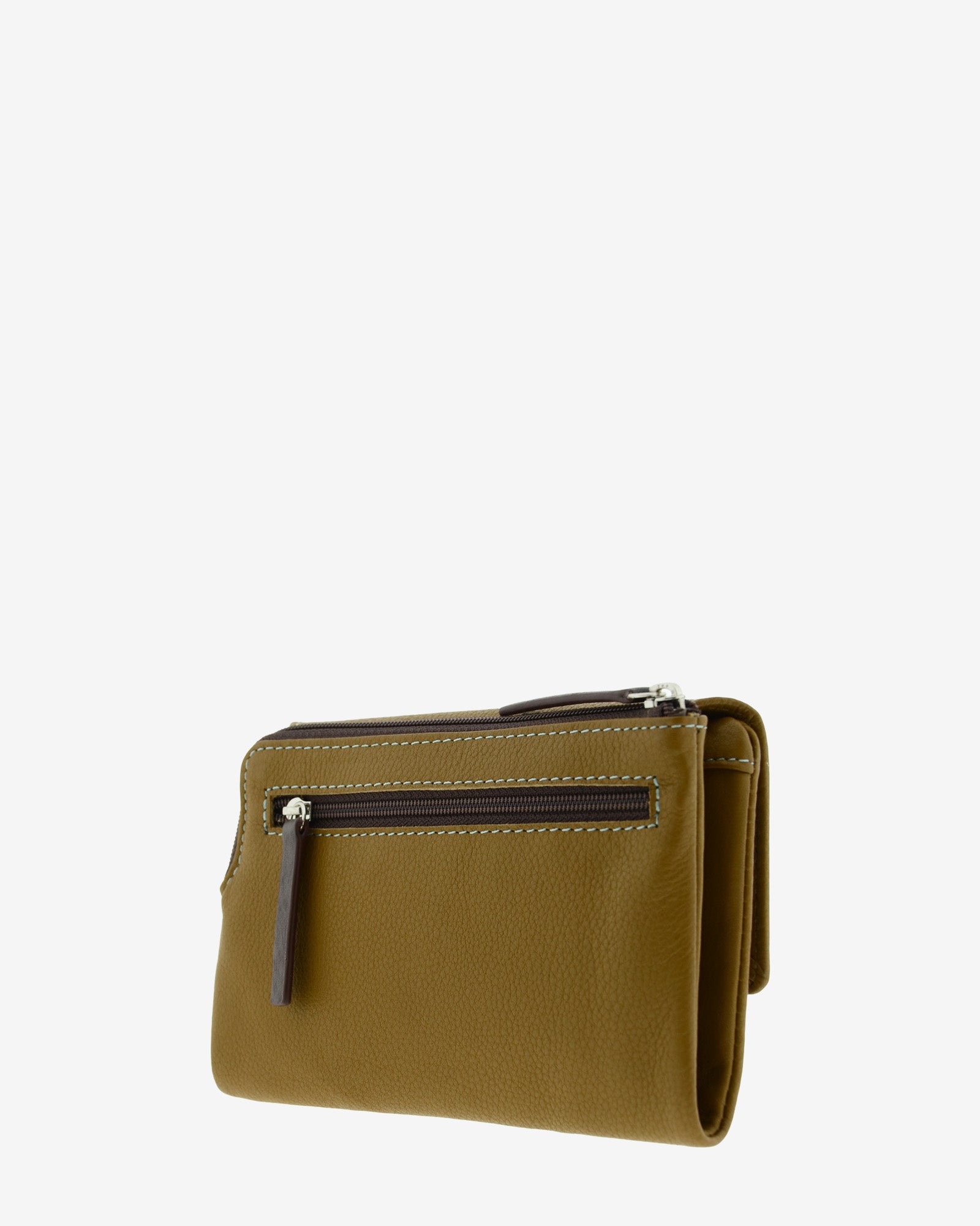 Cartera de mujer en piel de color bronce Adapell vista lateral trasera con doble cremallera Ref. 4242-2