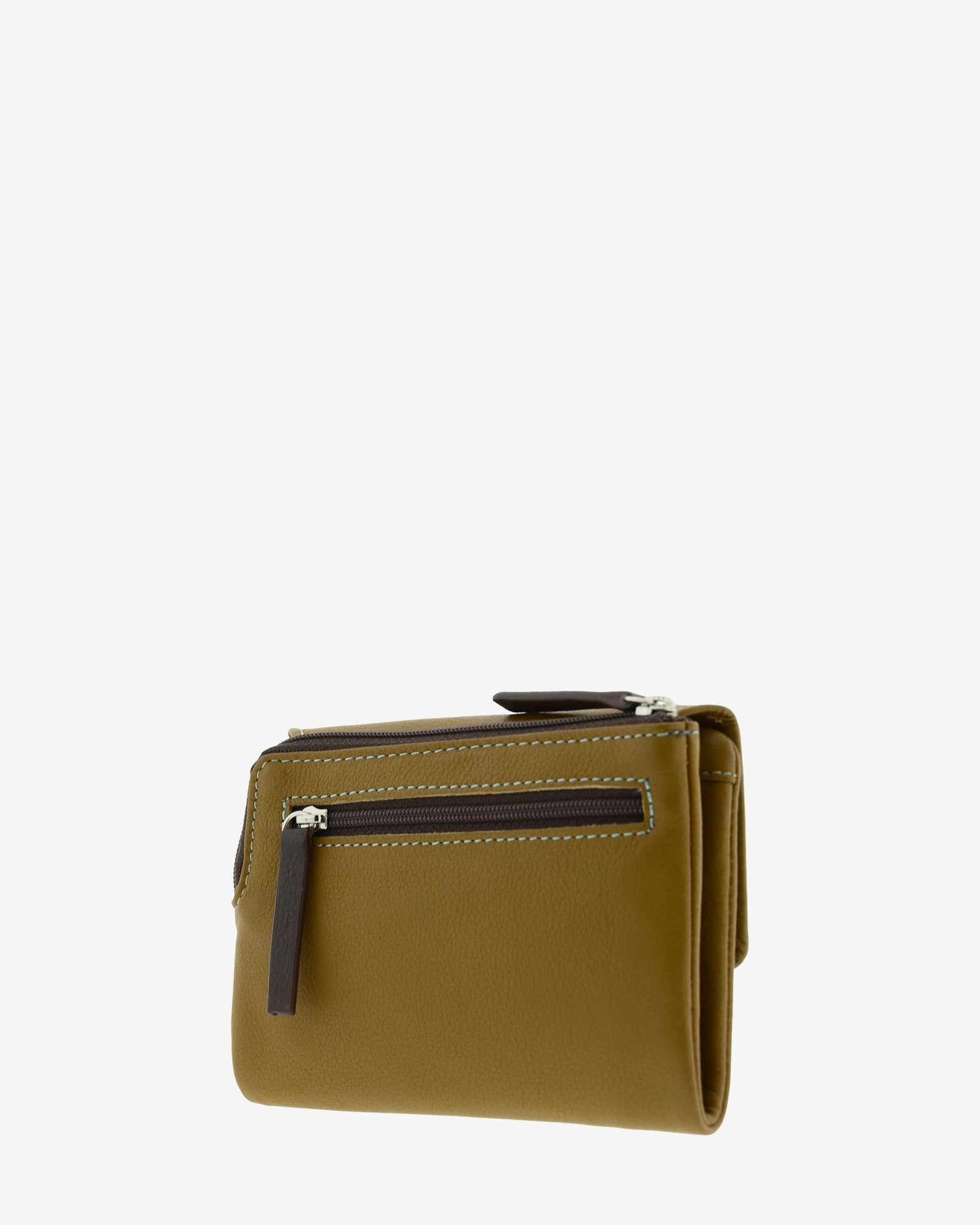 Cartera de piel pequena de mujer Adapell color bronce vista diagonal trasera con doble cremallera  Ref. 4243-2