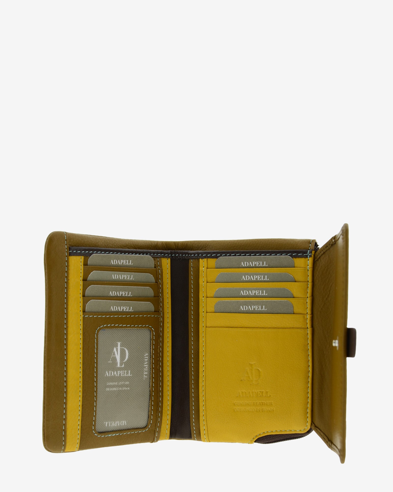Cartera de piel pequena de mujer Adapell color bronce vista interior con compartimentos y ranuras tarjetas Ref. 4243-2